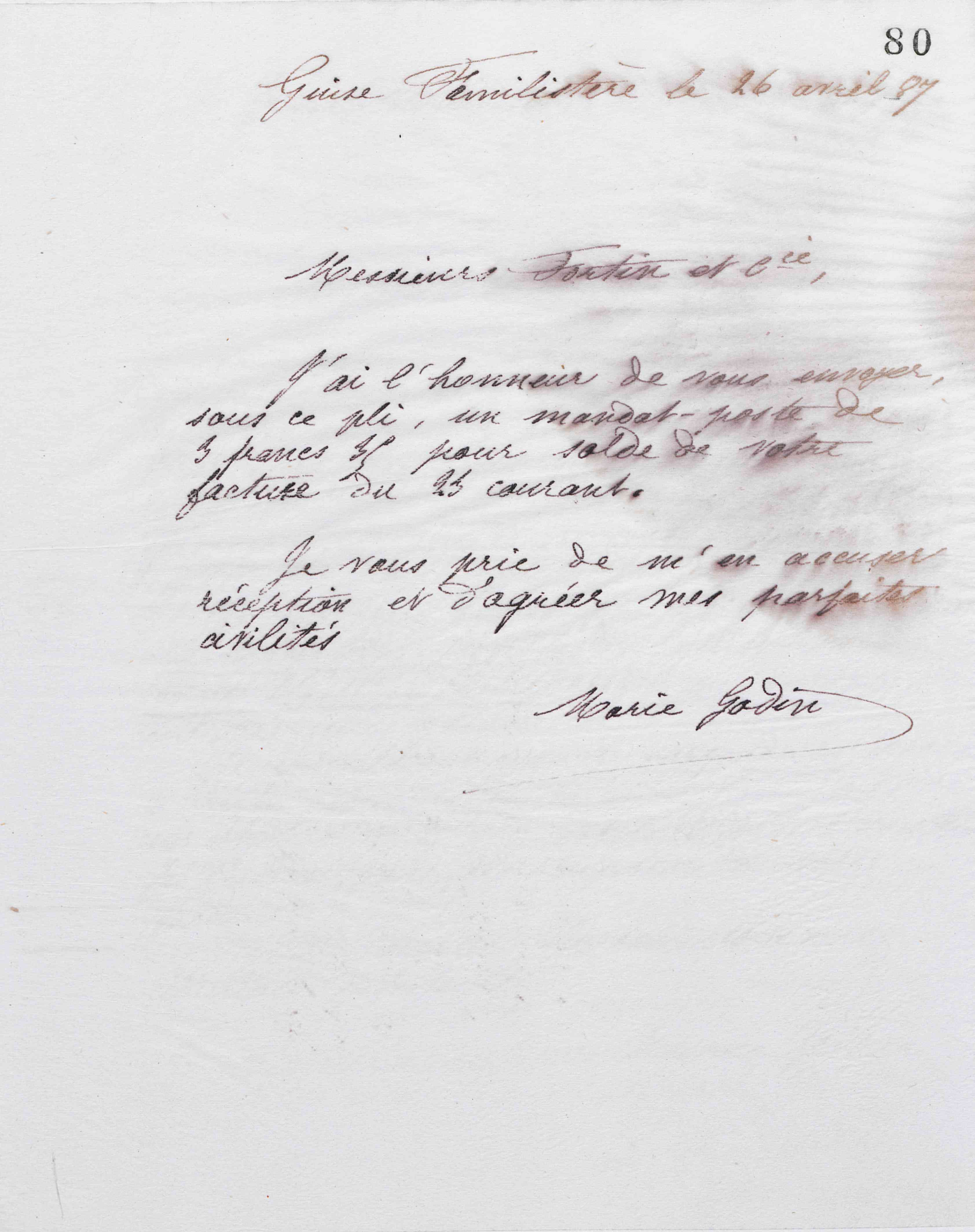 Marie Moret à Fortin et Cie, 26 avril 1887