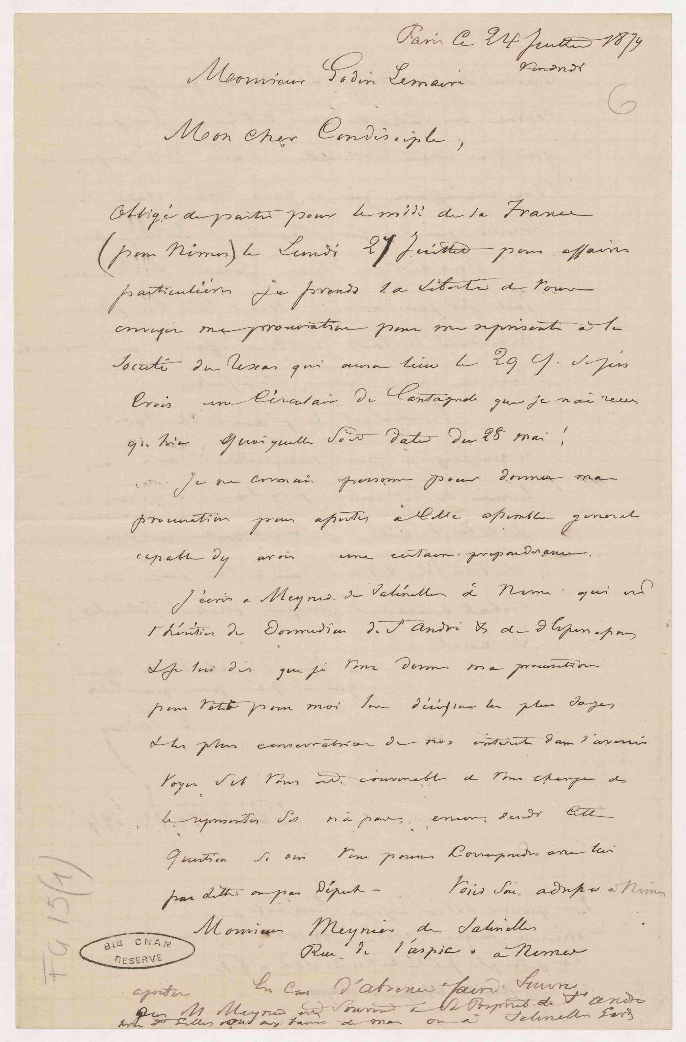 Véran Sabran à Jean-Baptiste André Godin, 24 juillet 1874