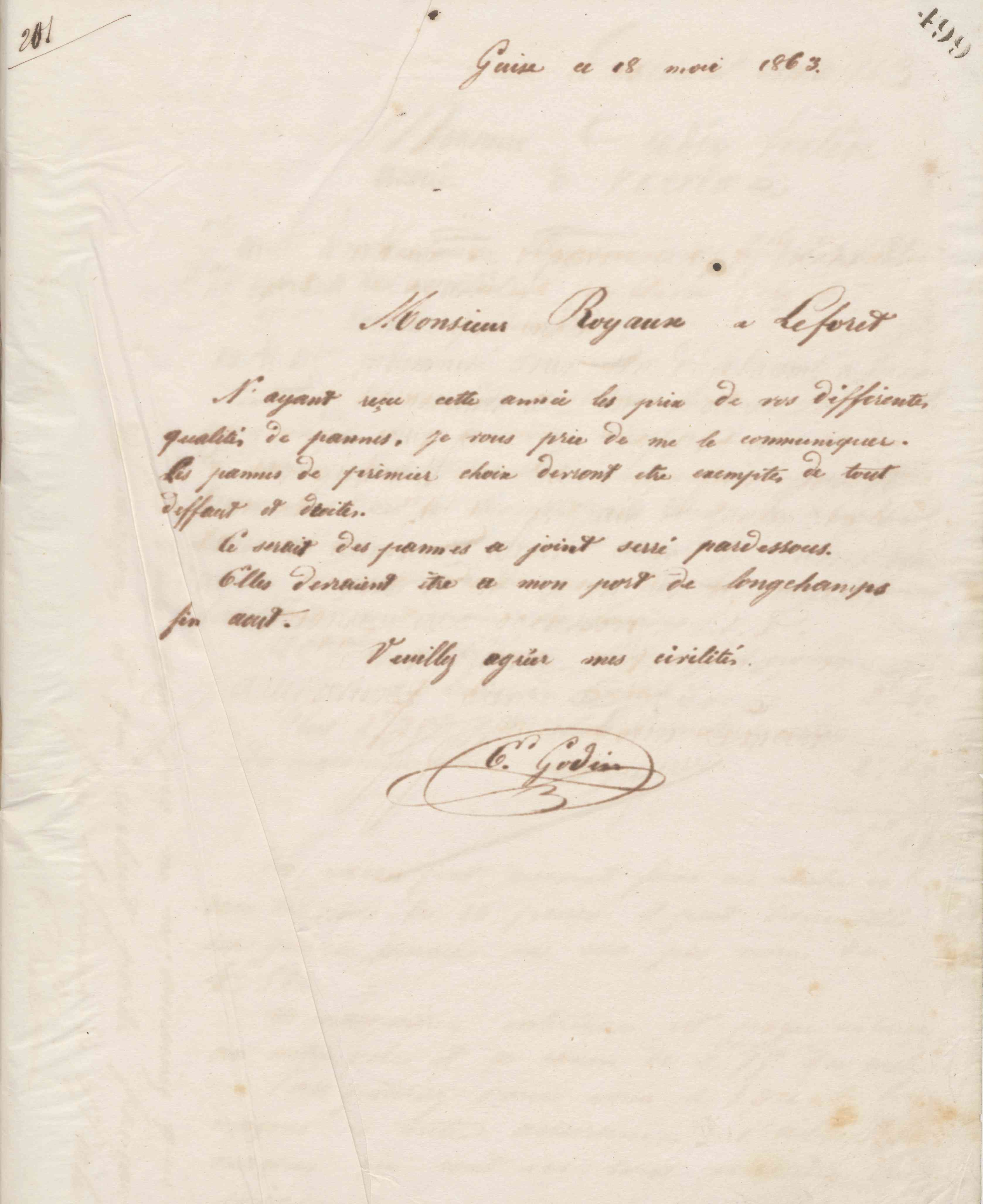 Émile Godin à Royaux et Beghin, 18 mai 1863
