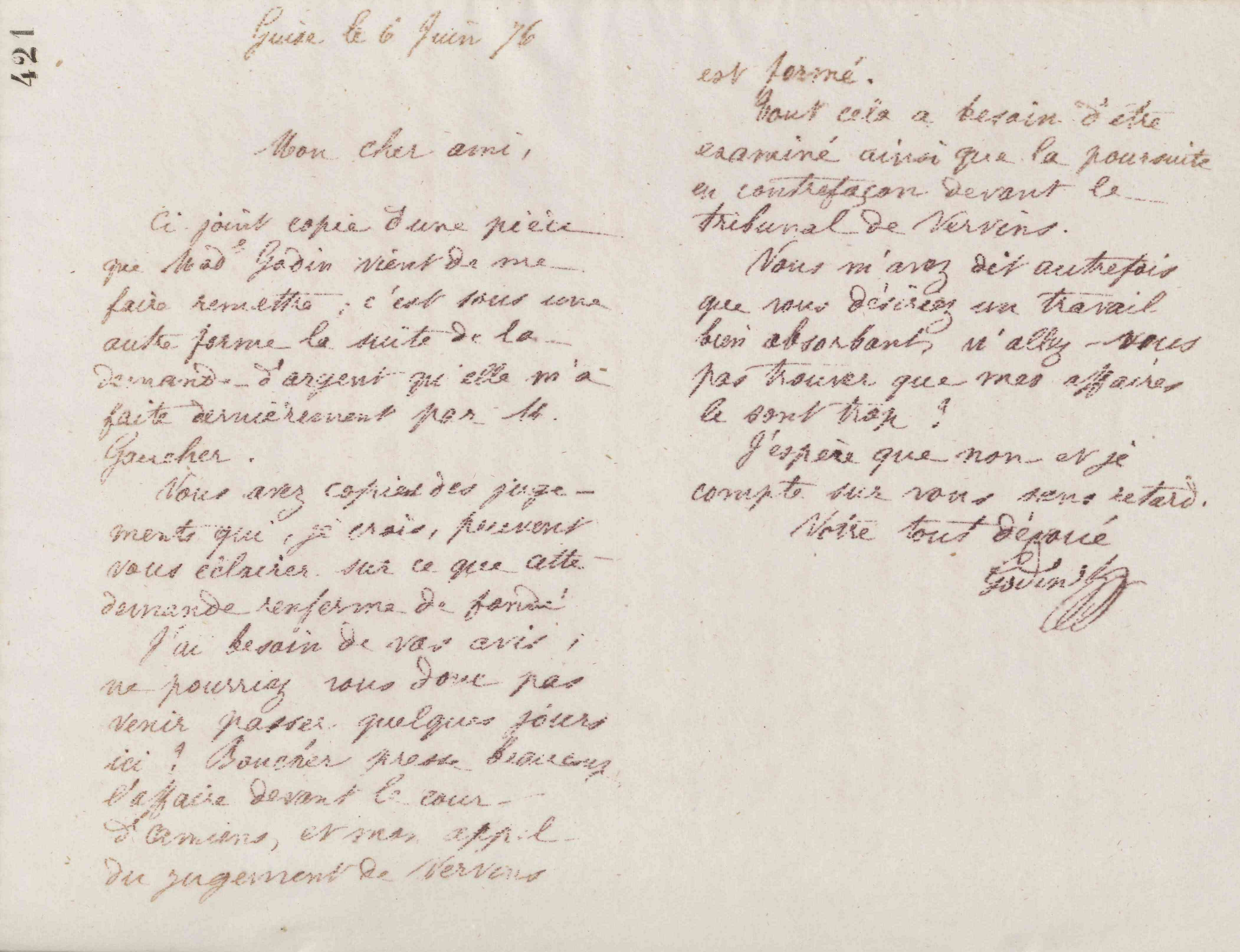 Jean-Baptiste André Godin à Gaston Ganault, 6 juin 1876 Jean-Baptiste André Godin à Gaston Ganault, 6 juin 1876