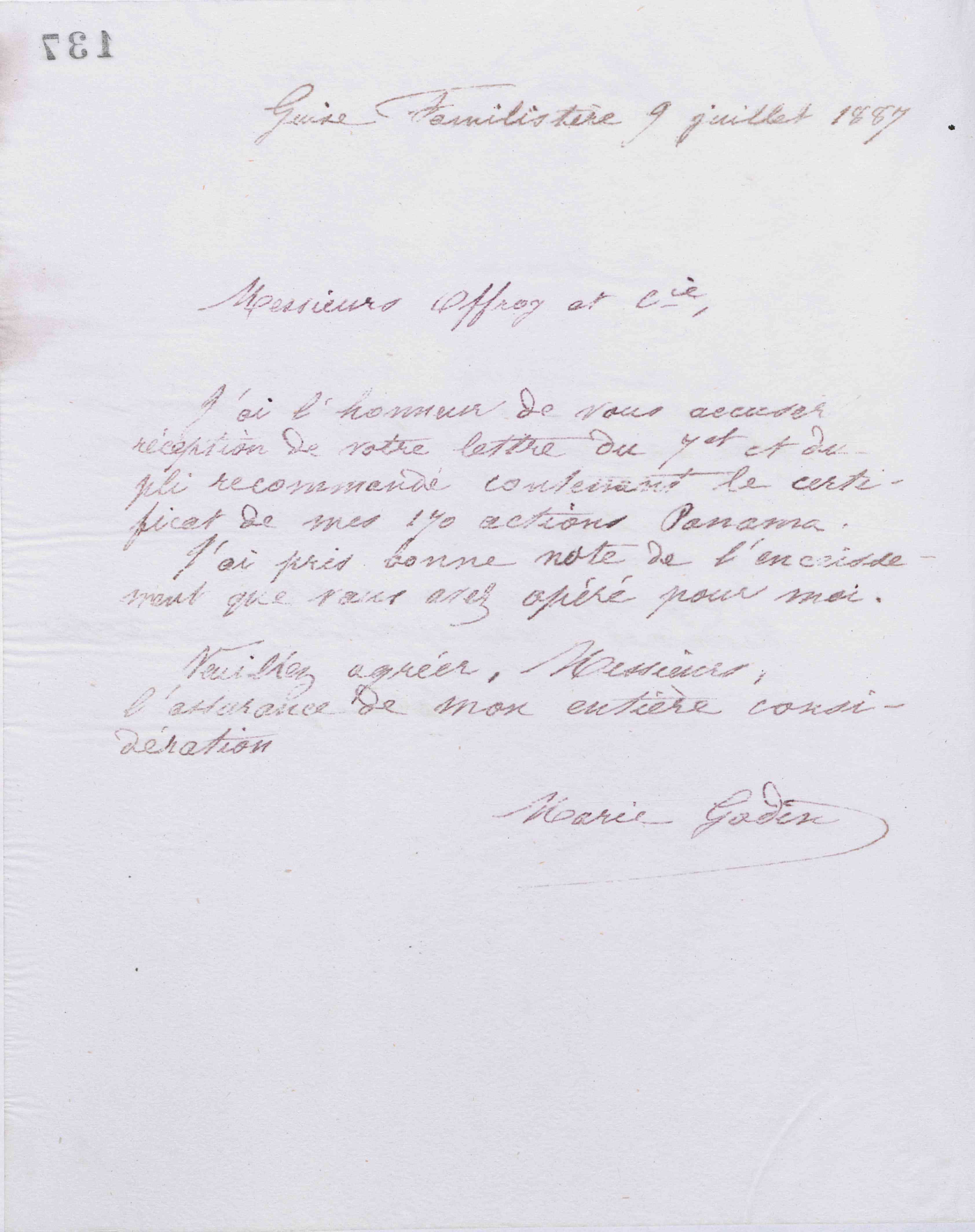 Marie Moret à Offroy et Cie, 9 juillet 1887