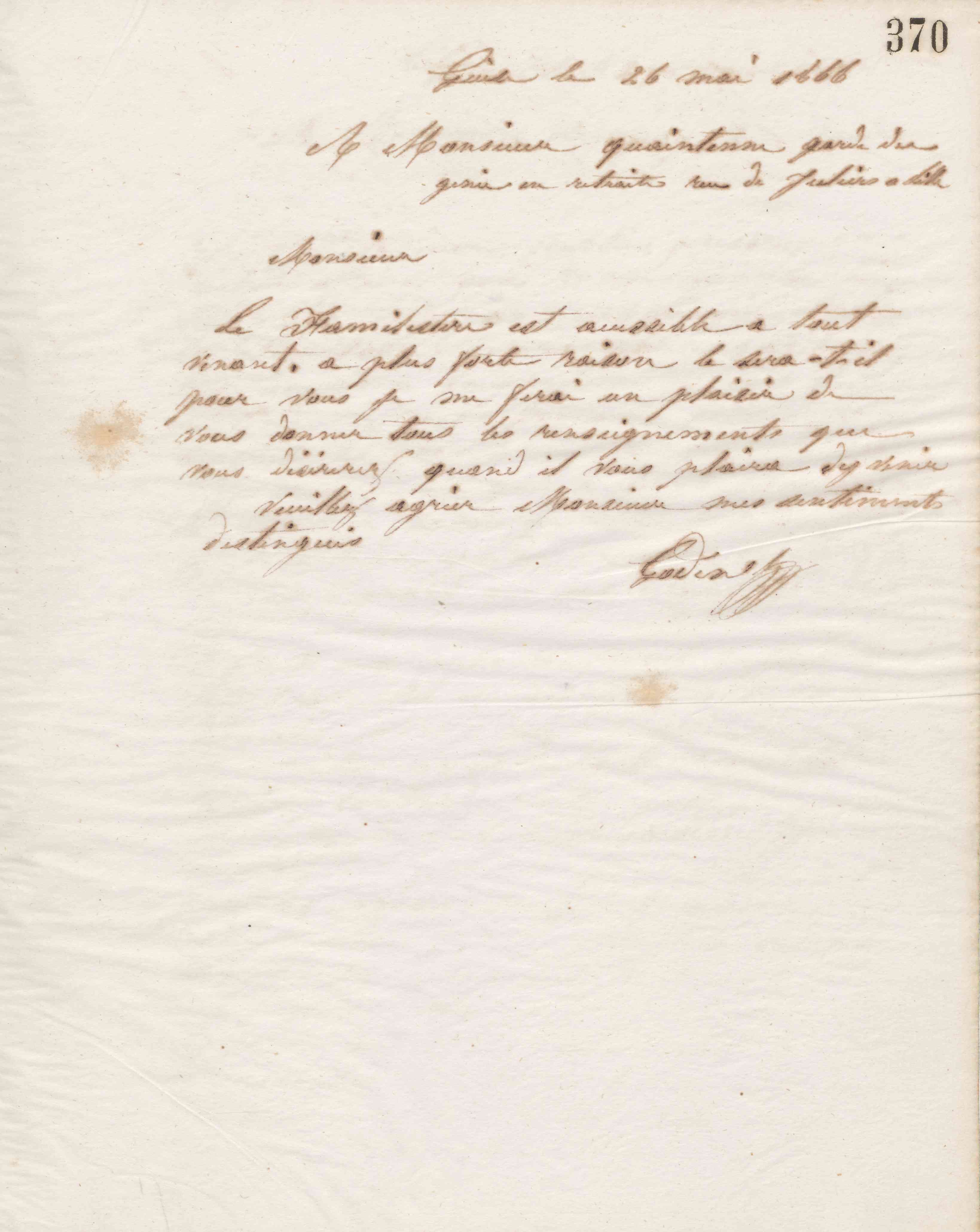 Jean-Baptiste André Godin à Étienne Louis Joseph Quaintenne, 26 mai 1866
