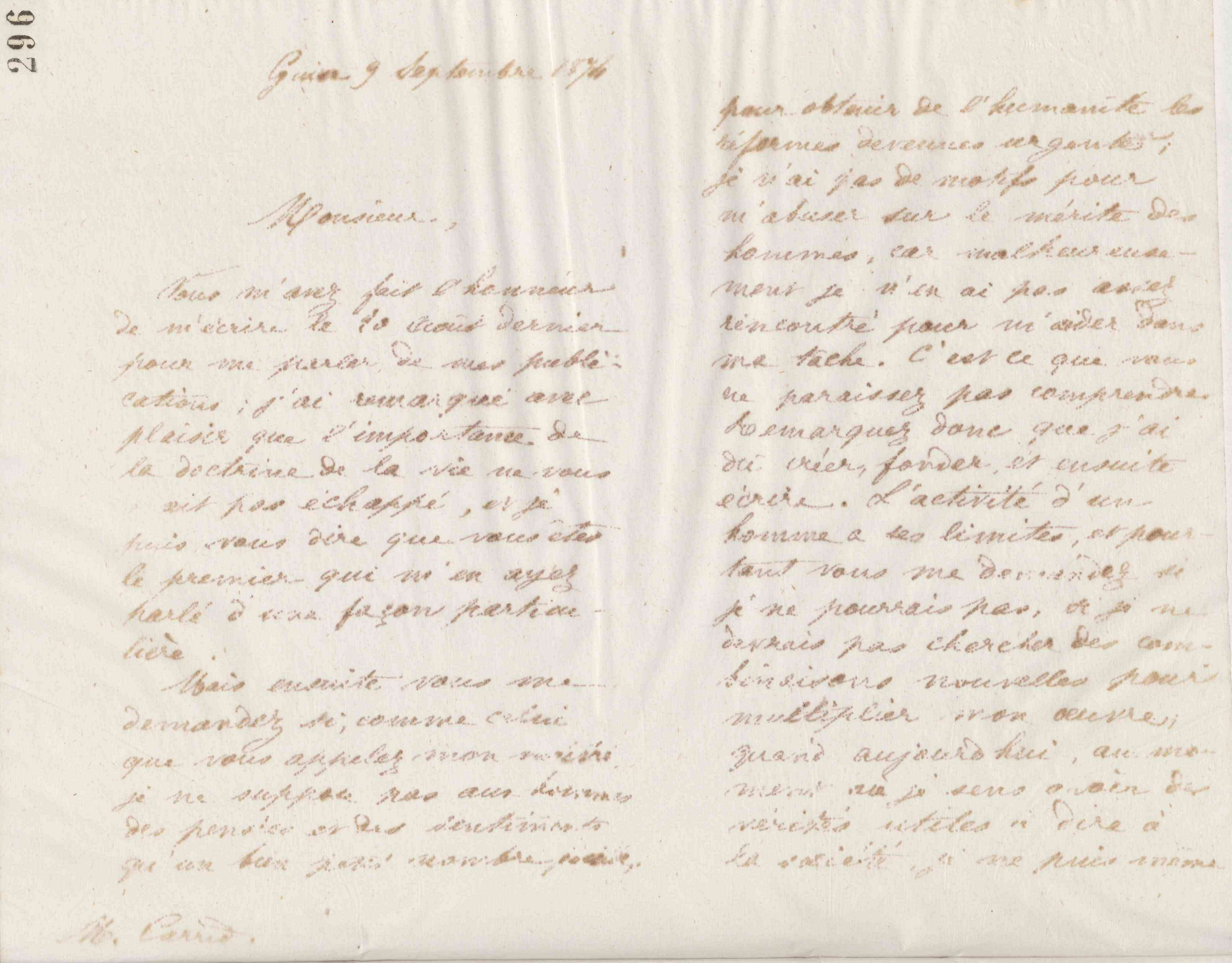 Jean-Baptiste André Godin à monsieur Carred, 9 septembre 1874