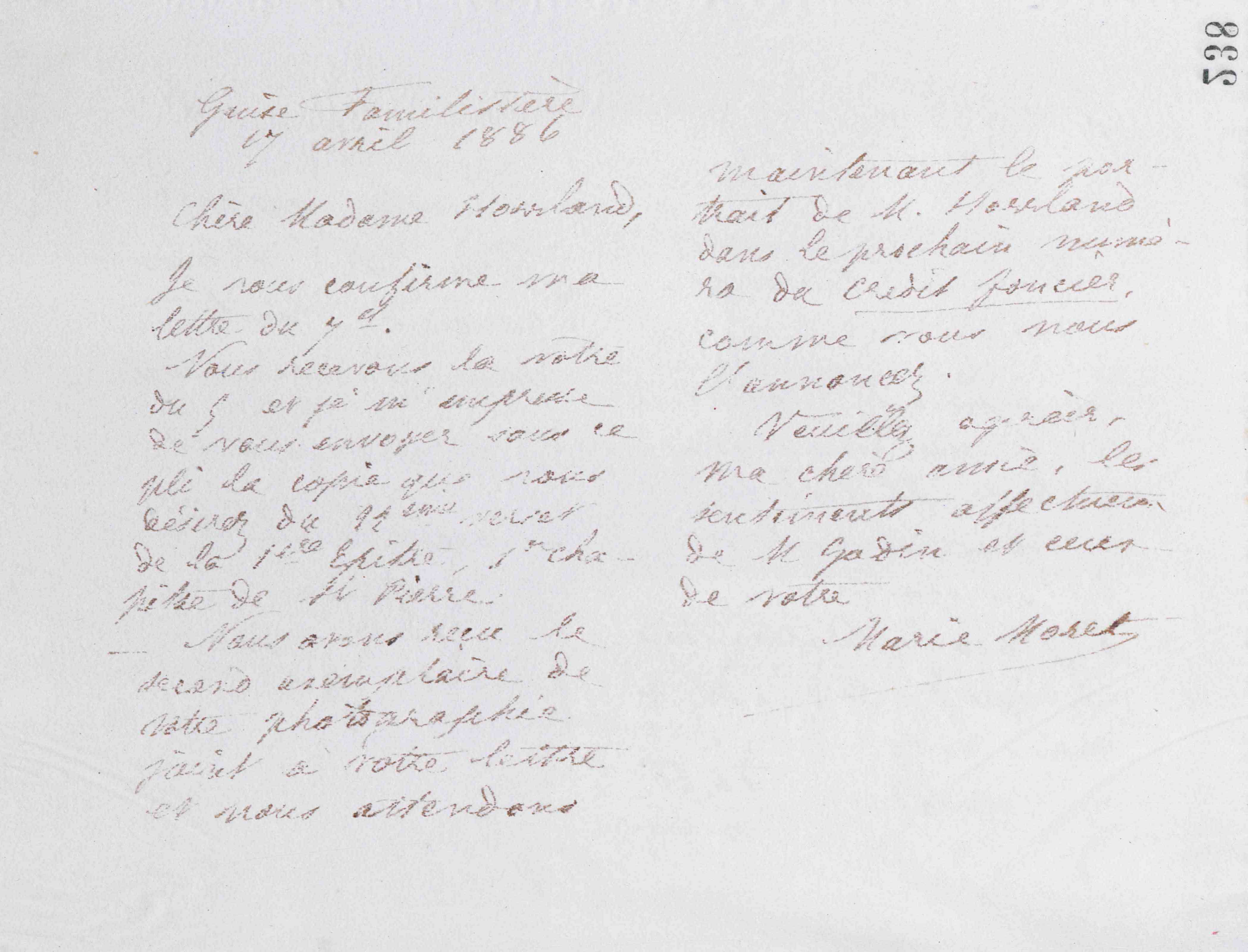 Marie Moret à Marie Howland, 7 avril 1886 à Guise