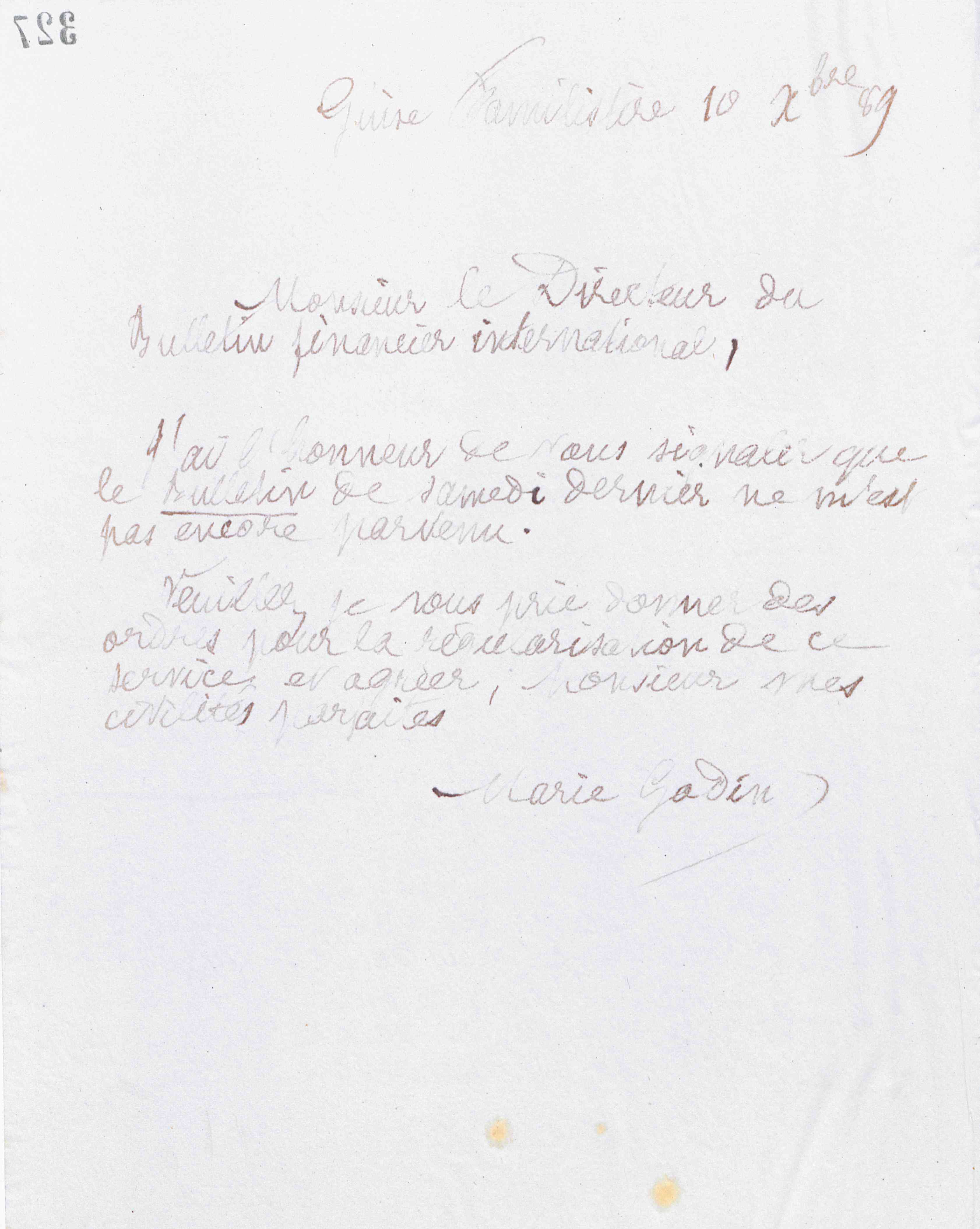 Marie Moret à monsieur Brunet, directeur du Bulletin financier international, 10 décembre 1889 Marie Moret à monsieur Brunet, directeur du Bulletin financier international, 10 décembre 1889