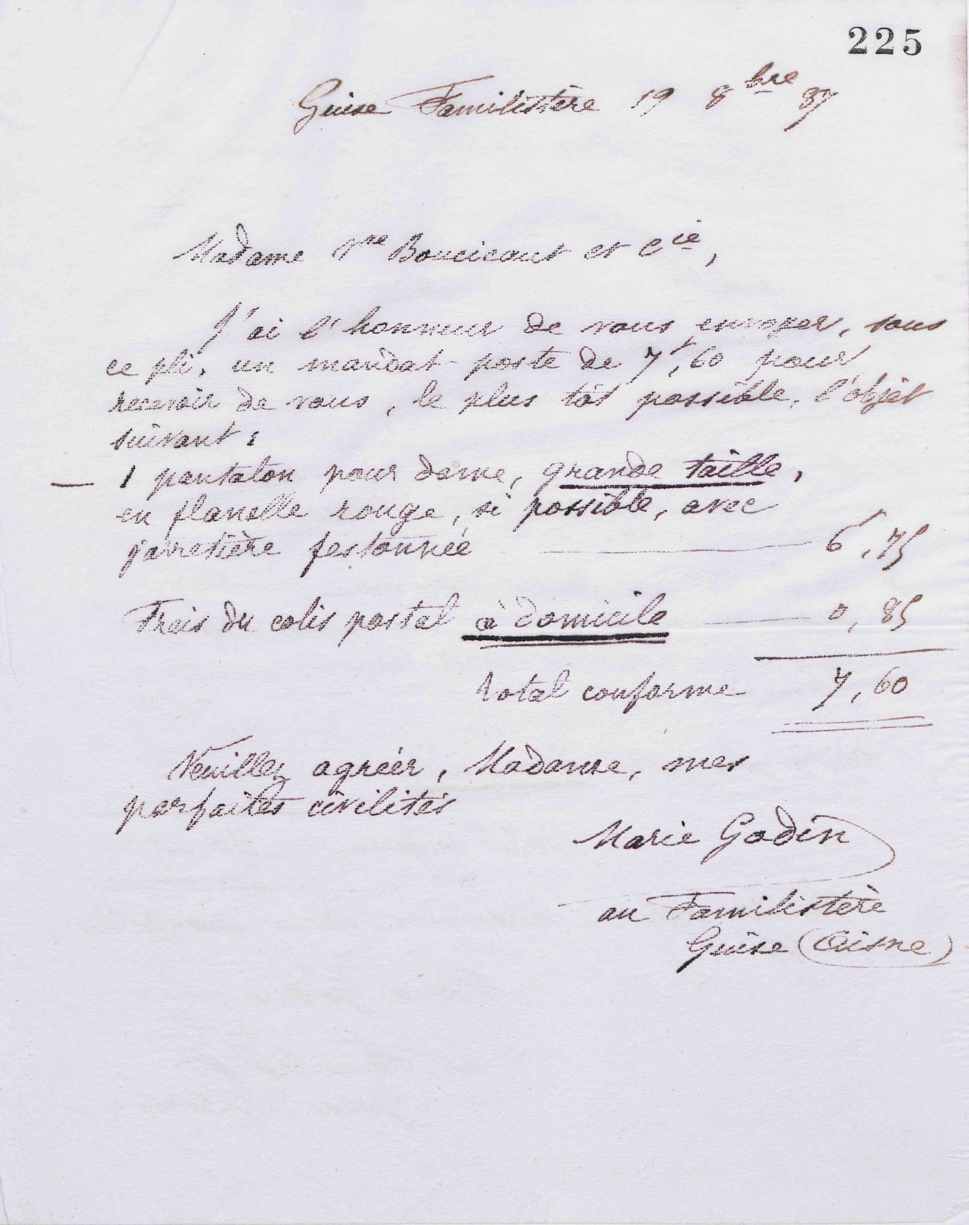 Marie Moret à Veuve Boucicaut et Cie, 19 octobre 1887