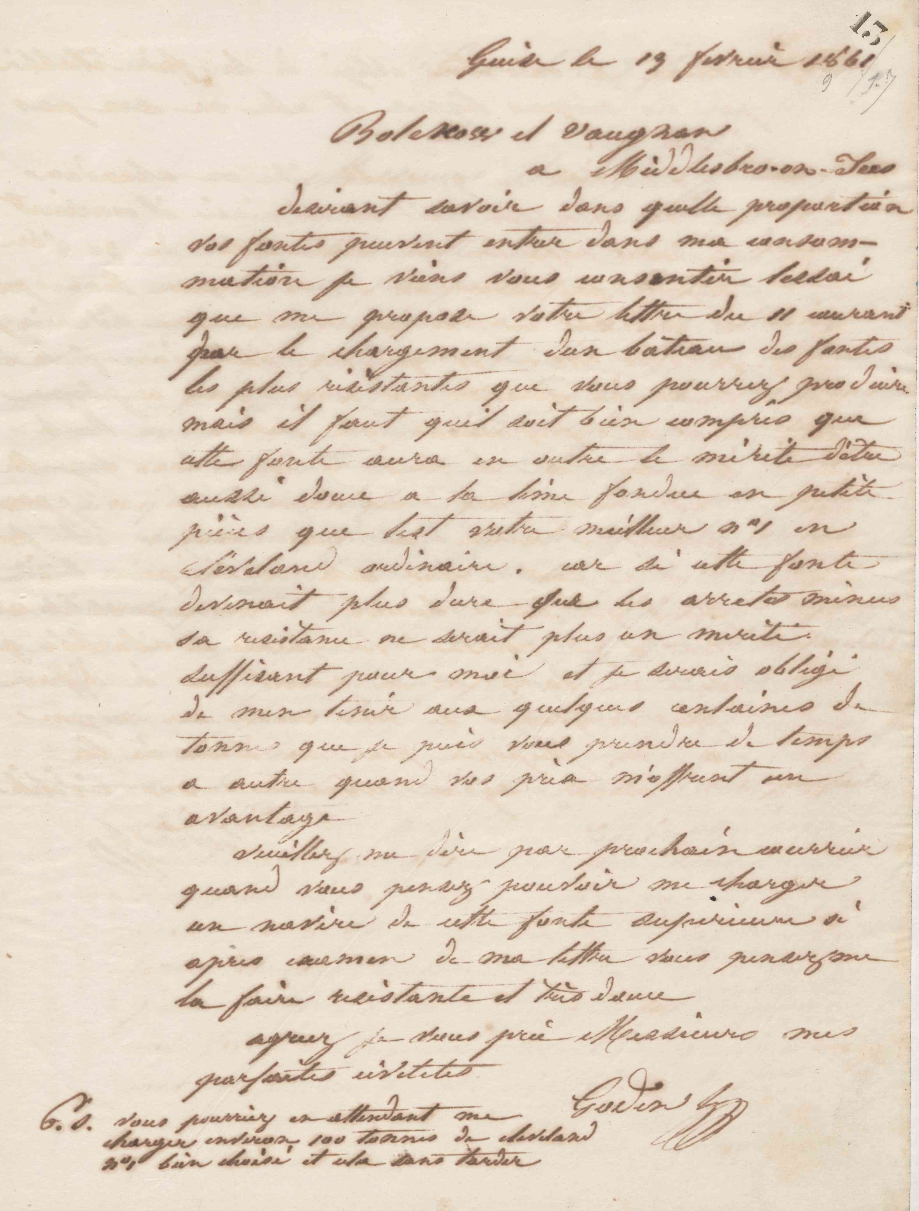 Jean-Baptiste André Godin à Bolckow et Vaughan, 13 février 1861 Jean-Baptiste André Godin à Bolckow et Vaughan, 13 février 1861
