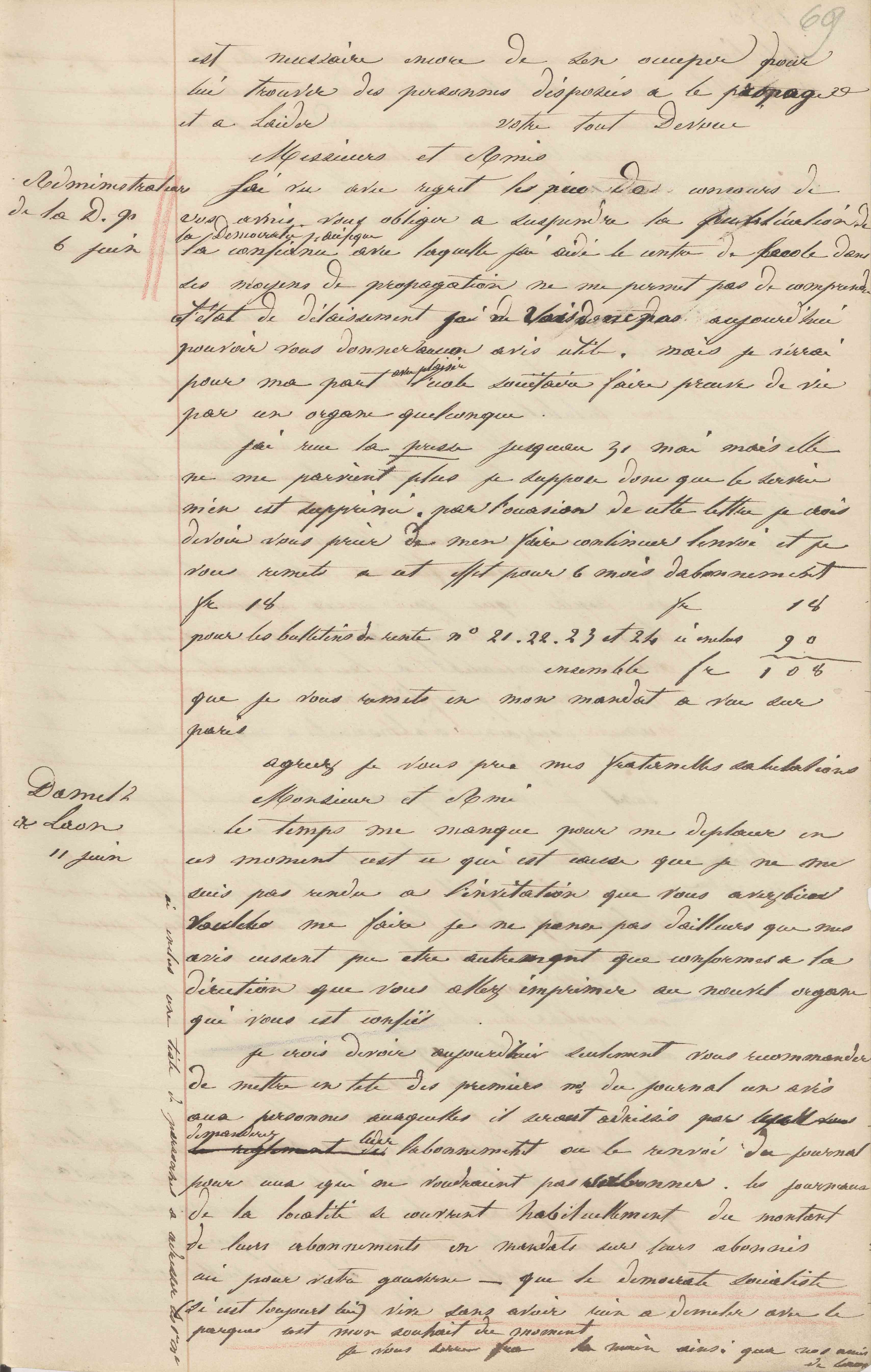 Jean-Baptiste André Godin aux administrateurs de La Démocratie pacifique, 6 juin 1850