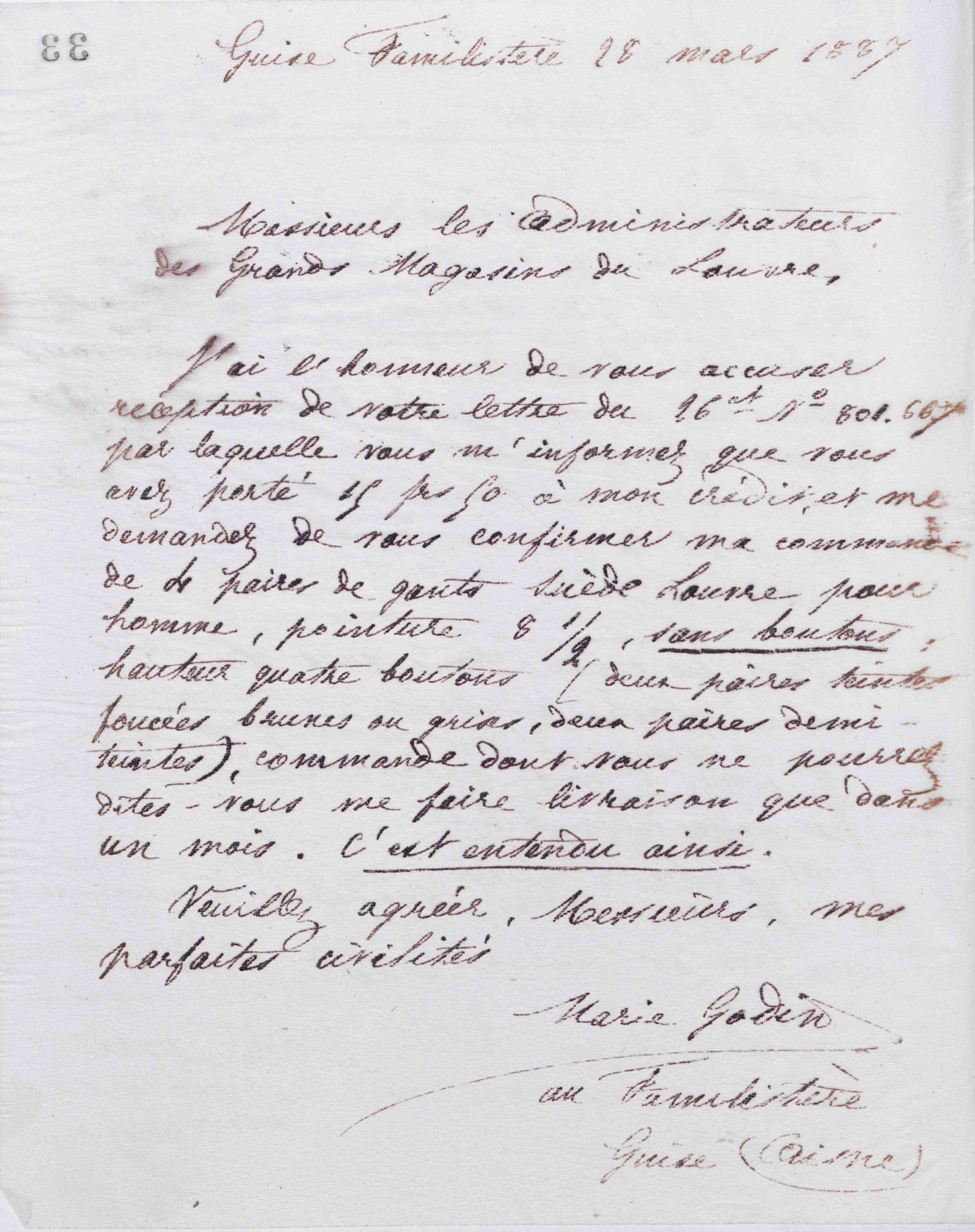 Marie Moret aux administrateurs des Grands magasins du Louvre, 28 mars 1887