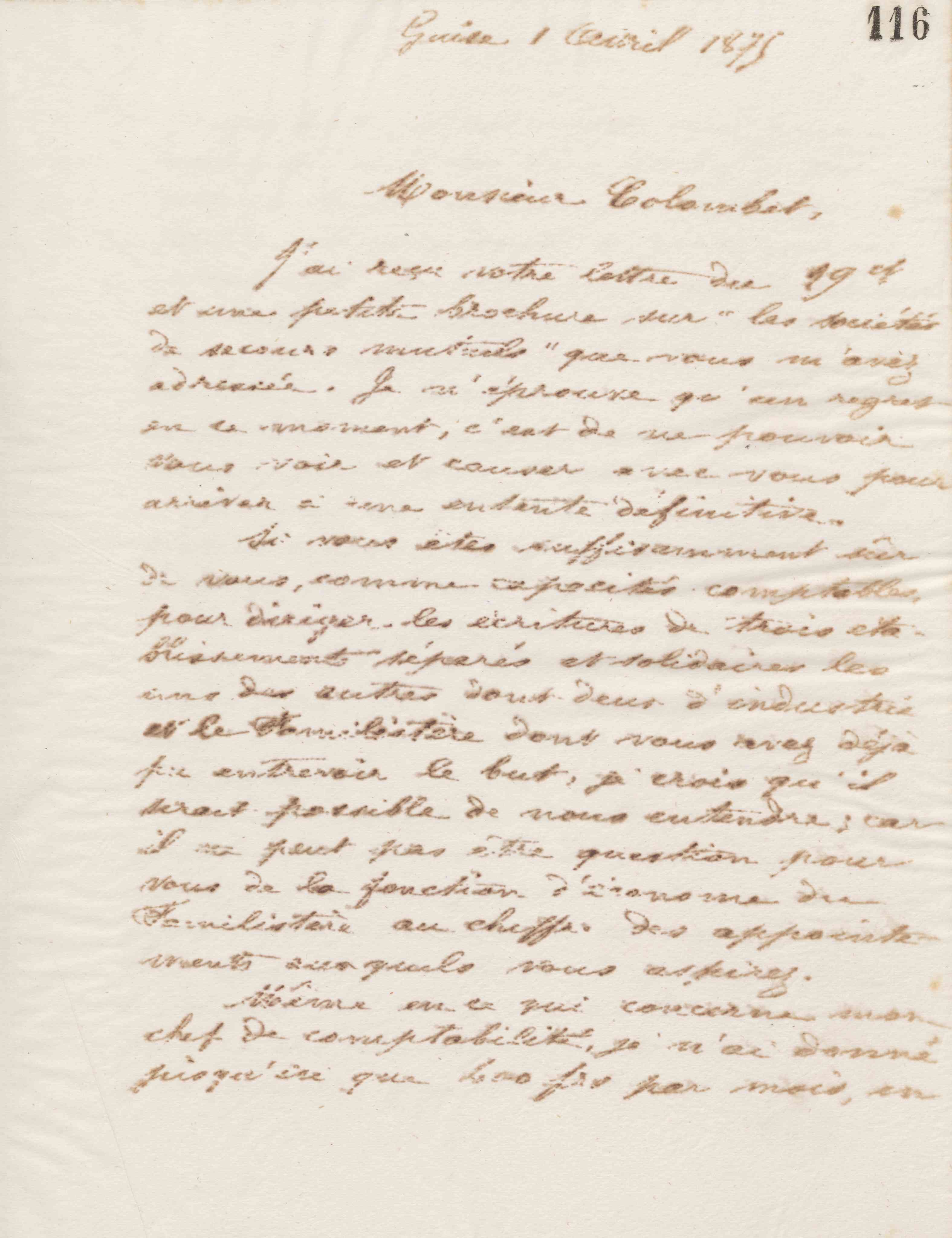 Jean-Baptiste André Godin à monsieur Colombet, 1er avril 1875 Jean-Baptiste André Godin à monsieur Colombet, 1er avril 1875