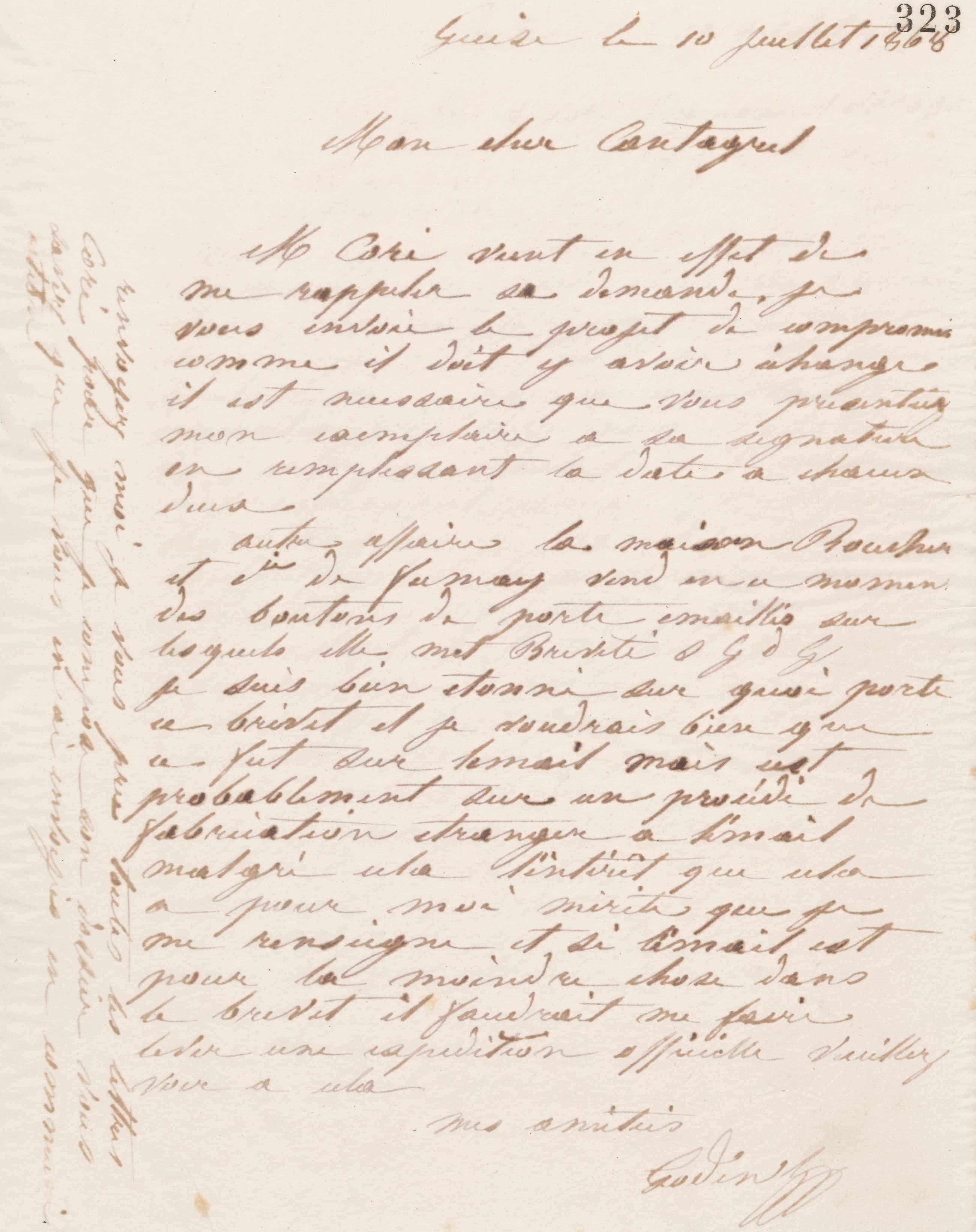 Jean-Baptiste André Godin à François Cantagrel, 10 juillet 1868