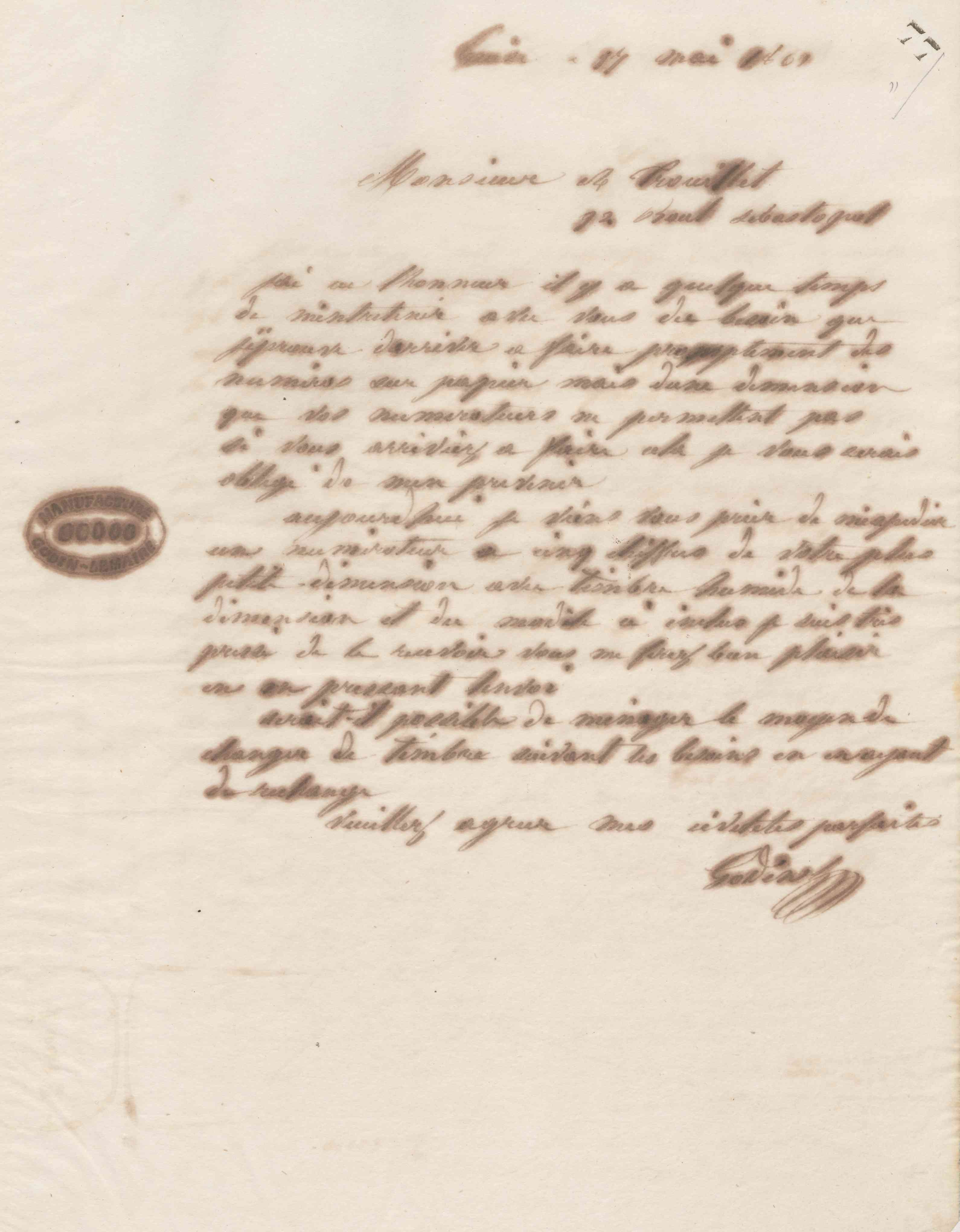 Jean-Baptiste André Godin à Auguste Trouillet, 17 mai 1861
