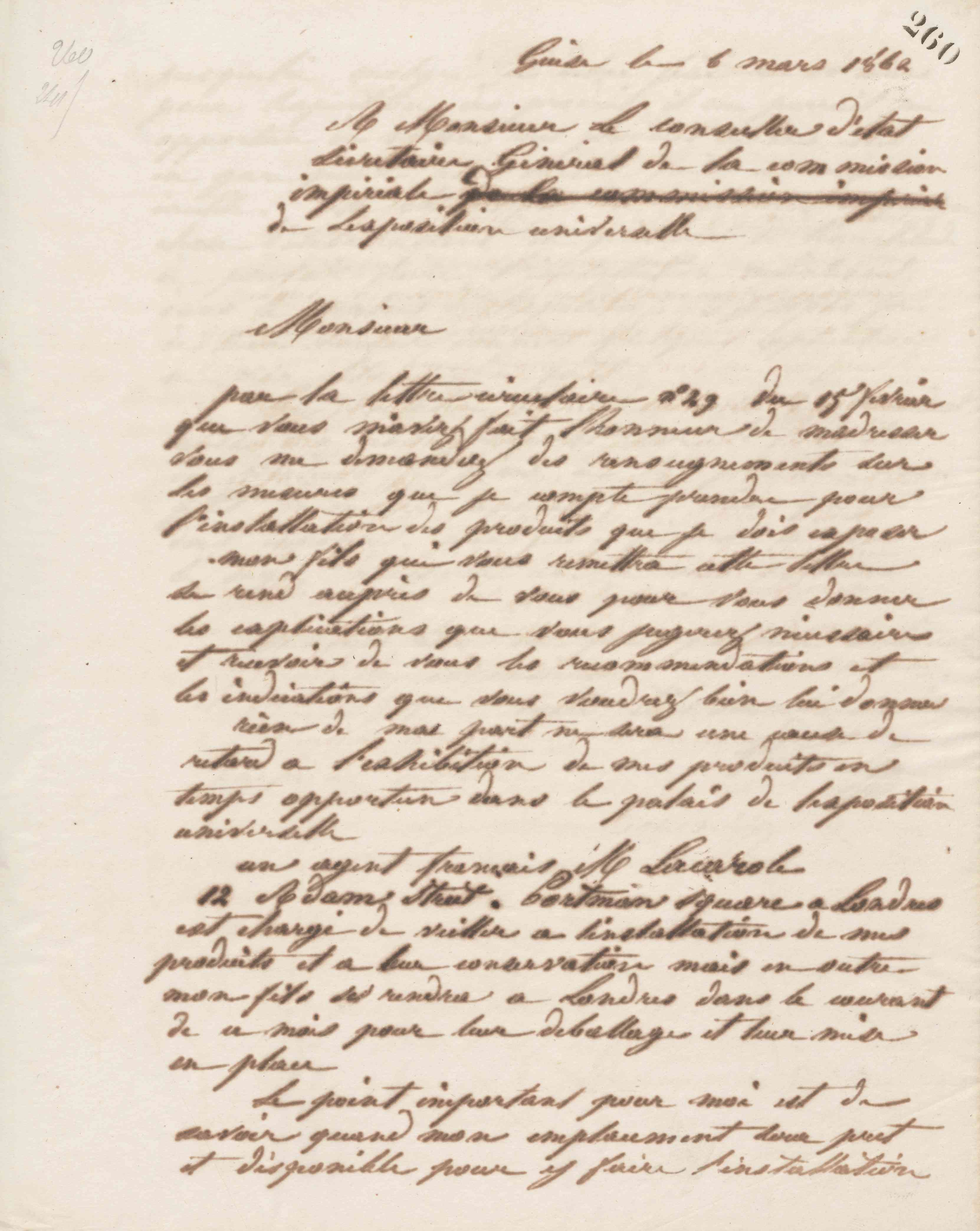 Jean-Baptiste André Godin à monsieur le conseiller d&#039;État, secrétaire général de la commission impériale de l&#039;exposition universelle, 6 mars 1862