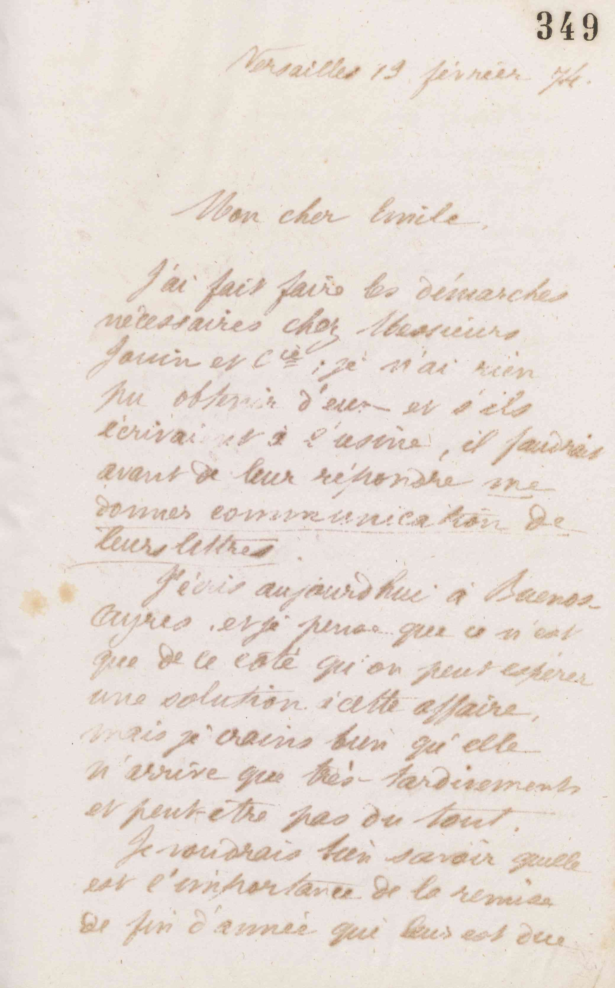 Jean-Baptiste André Godin à Émile Godin, 13 février 1874 Jean-Baptiste André Godin à Émile Godin, 13 février 1874
