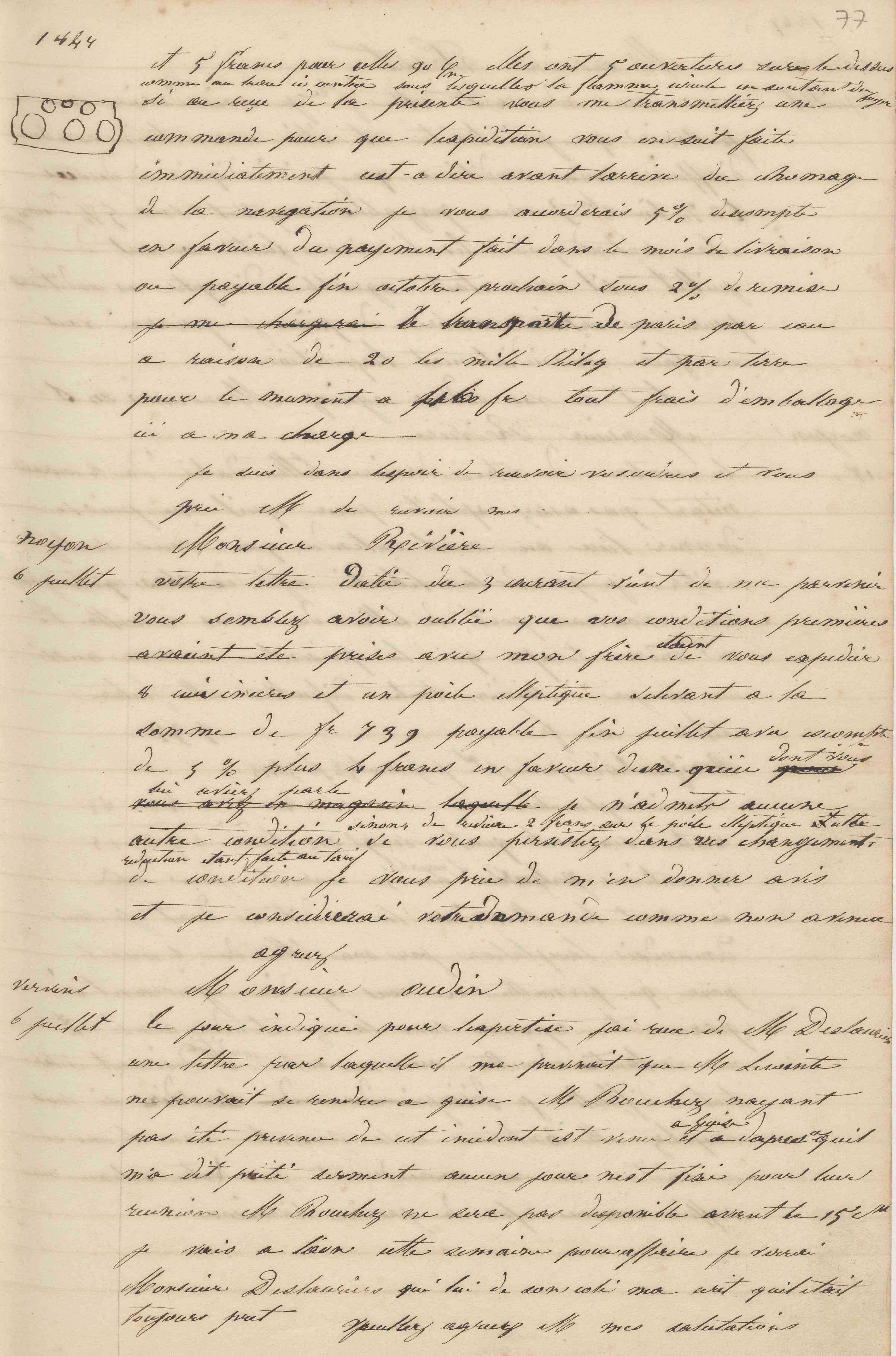 Jean-Baptiste André Godin à monsieur Rivière, 6 juillet 1847