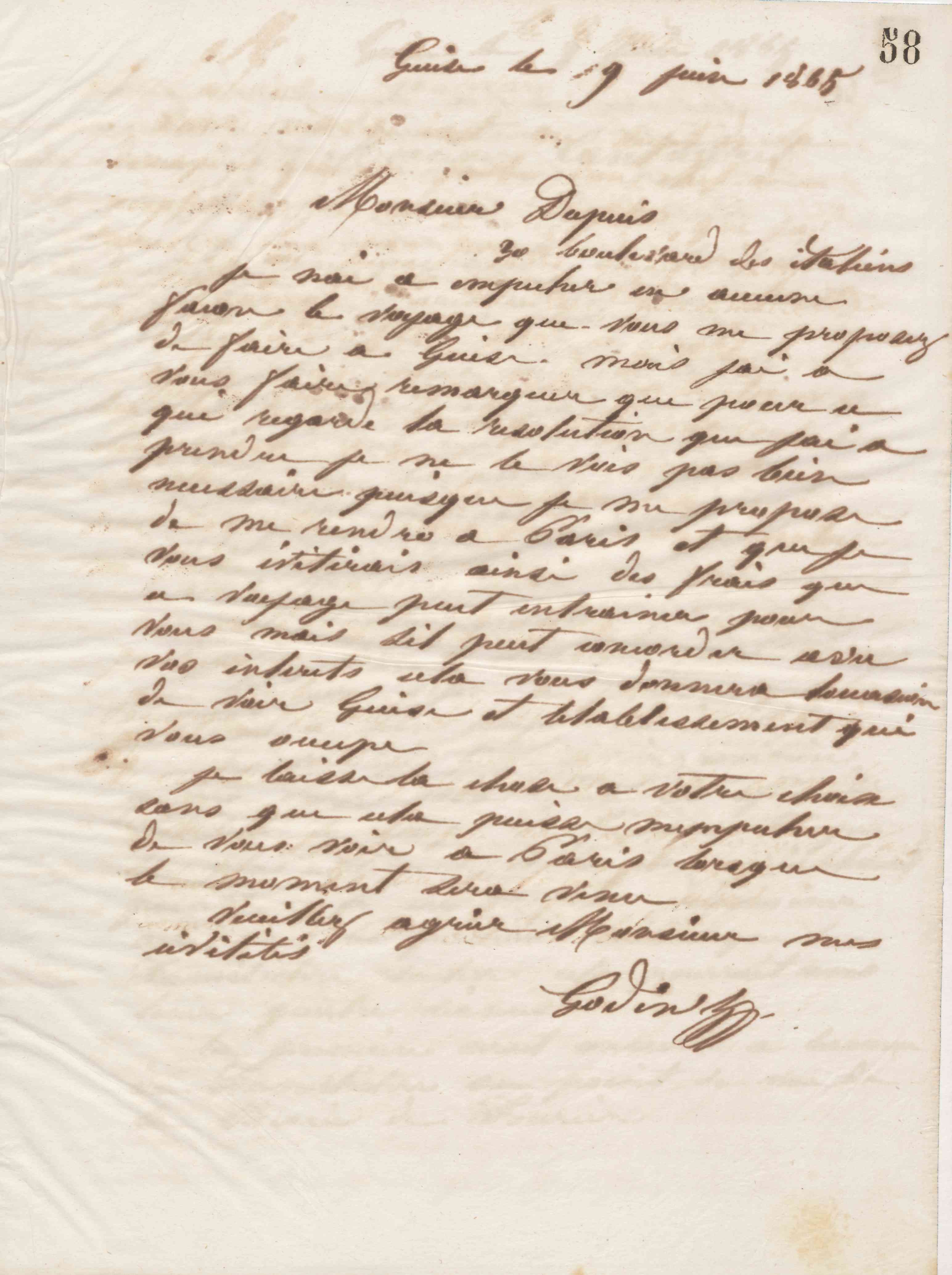 Jean-Baptiste André Godin à monsieur Dupuis, 8 juin 1865