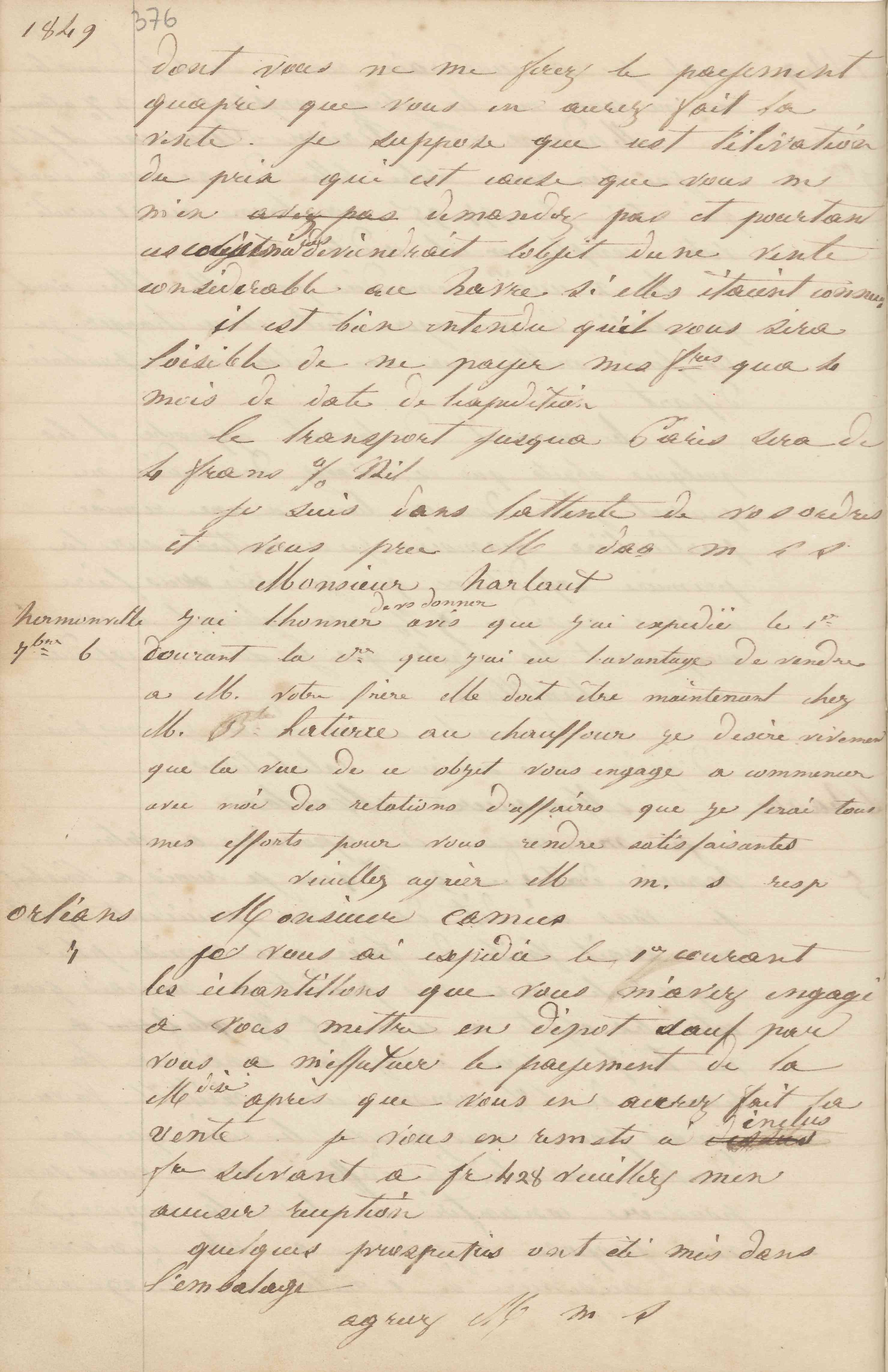 Jean-Baptiste André Godin à monsieur E. Harlaut, 6 septembre [1849]