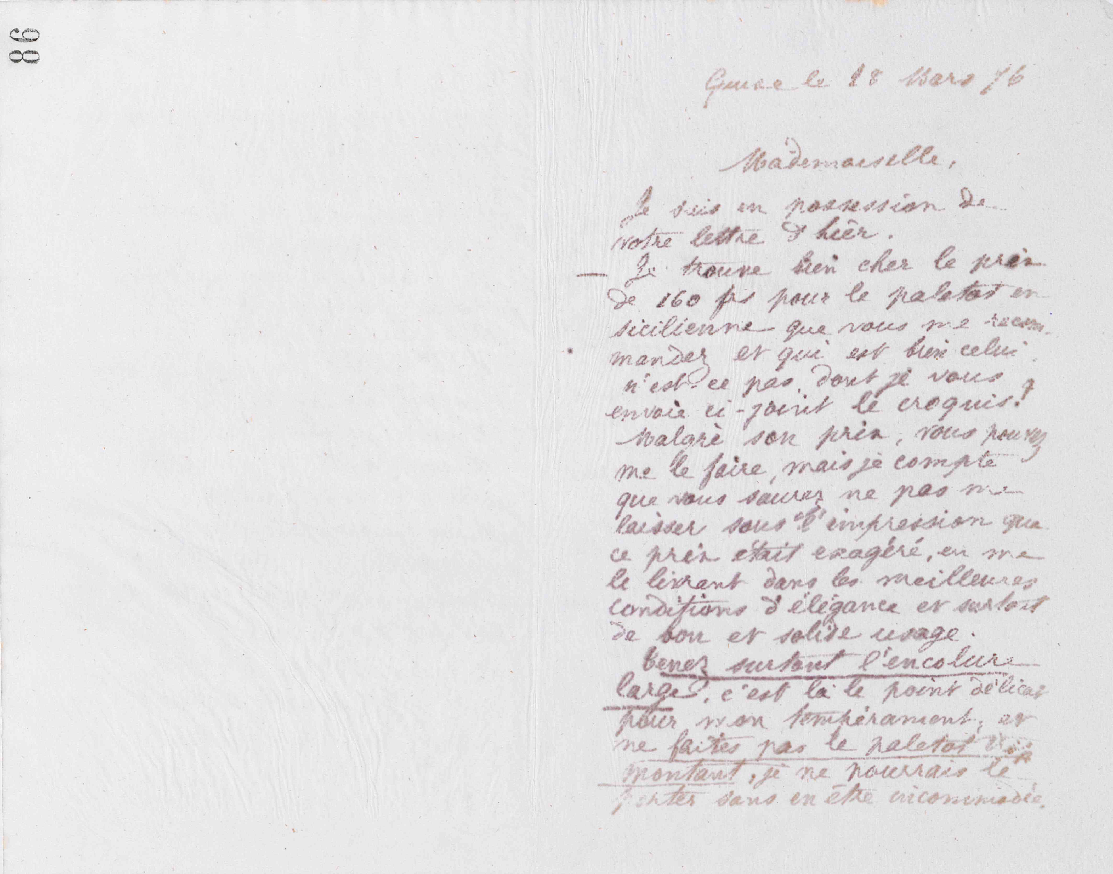 Marie Moret à mademoiselle de La Torchère, 28 mars 1876 Marie Moret à mademoiselle de La Torchère, 28 mars 1876