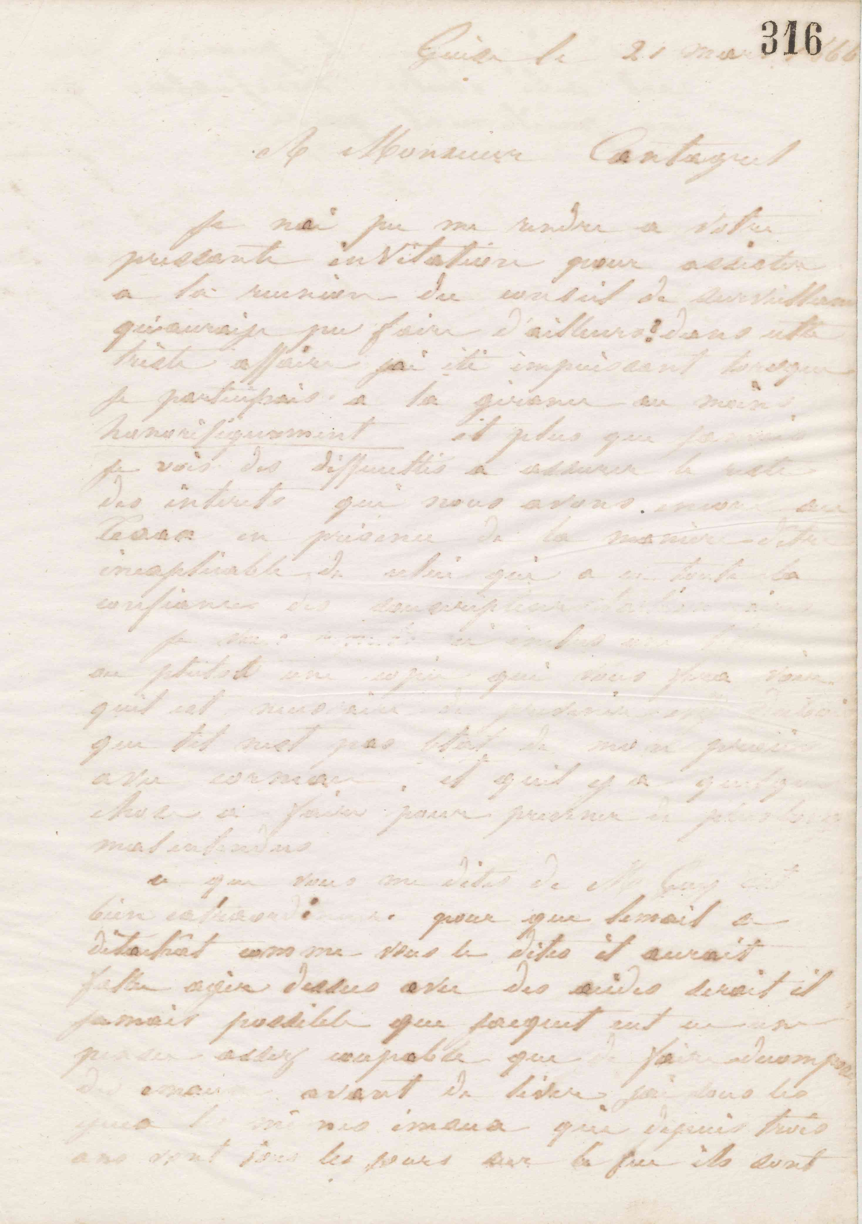 Jean-Baptiste André Godin à François Cantagrel, 21 mars 1866
