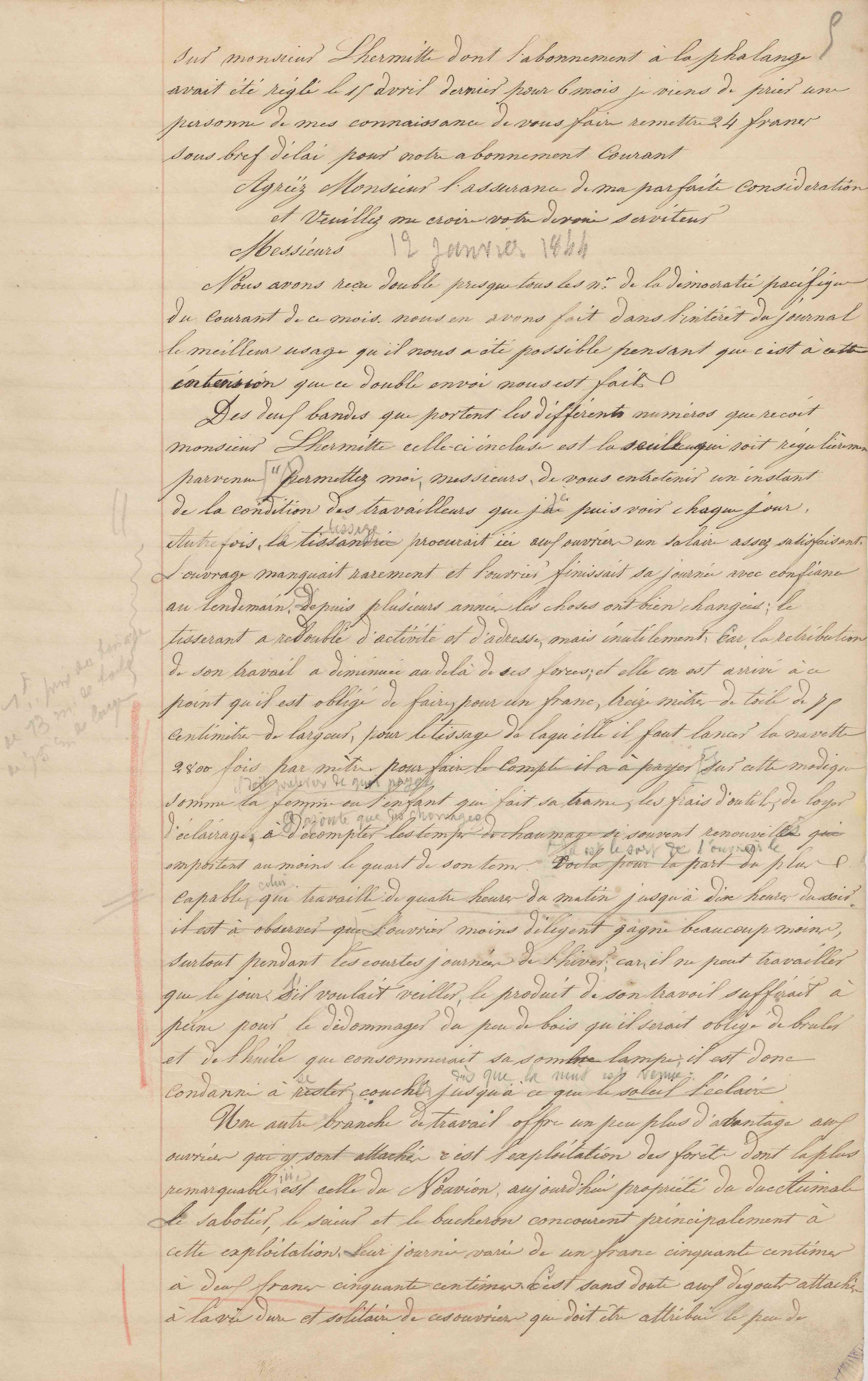 Jean-Baptiste André Godin à La Démocratie pacifique et à l'École sociétaire, 12 janvier 1844