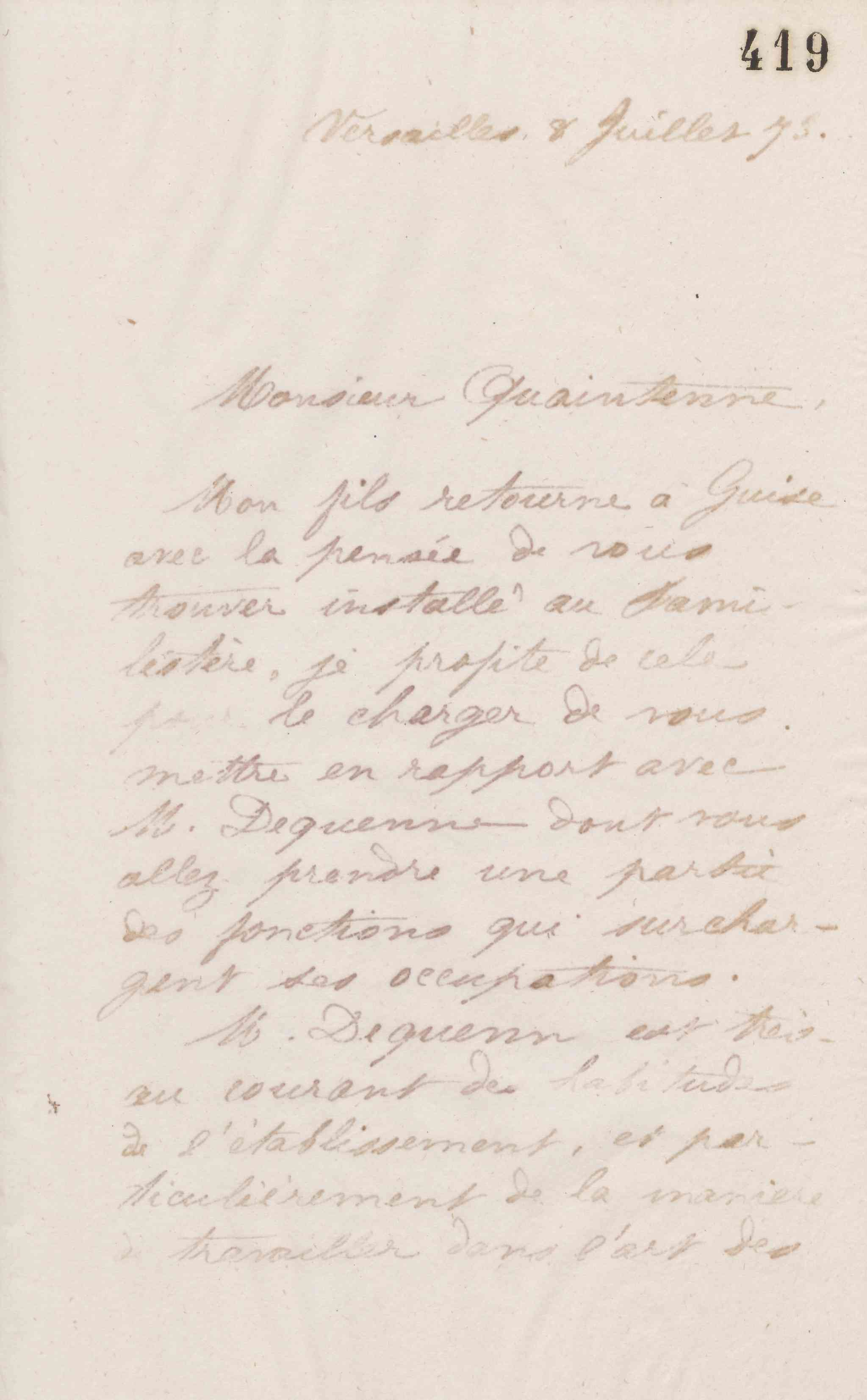 Jean-Baptiste André Godin à Étienne Louis Joseph Quaintenne, 8 juillet 1873