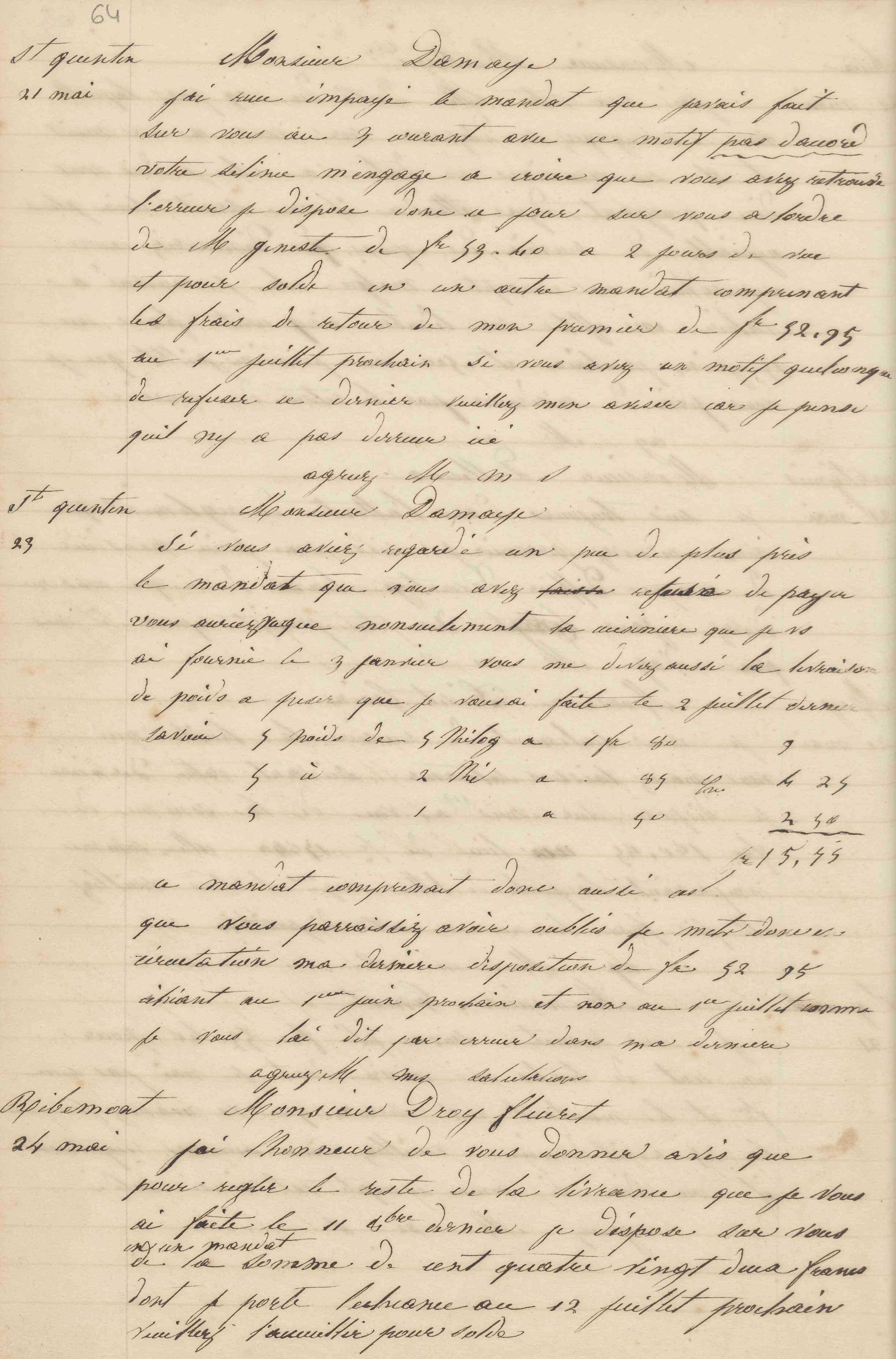 Jean-Baptiste André Godin à monsieur Damaye, 23 mai 1847 Jean-Baptiste André Godin à monsieur Damaye, 23 mai 1847