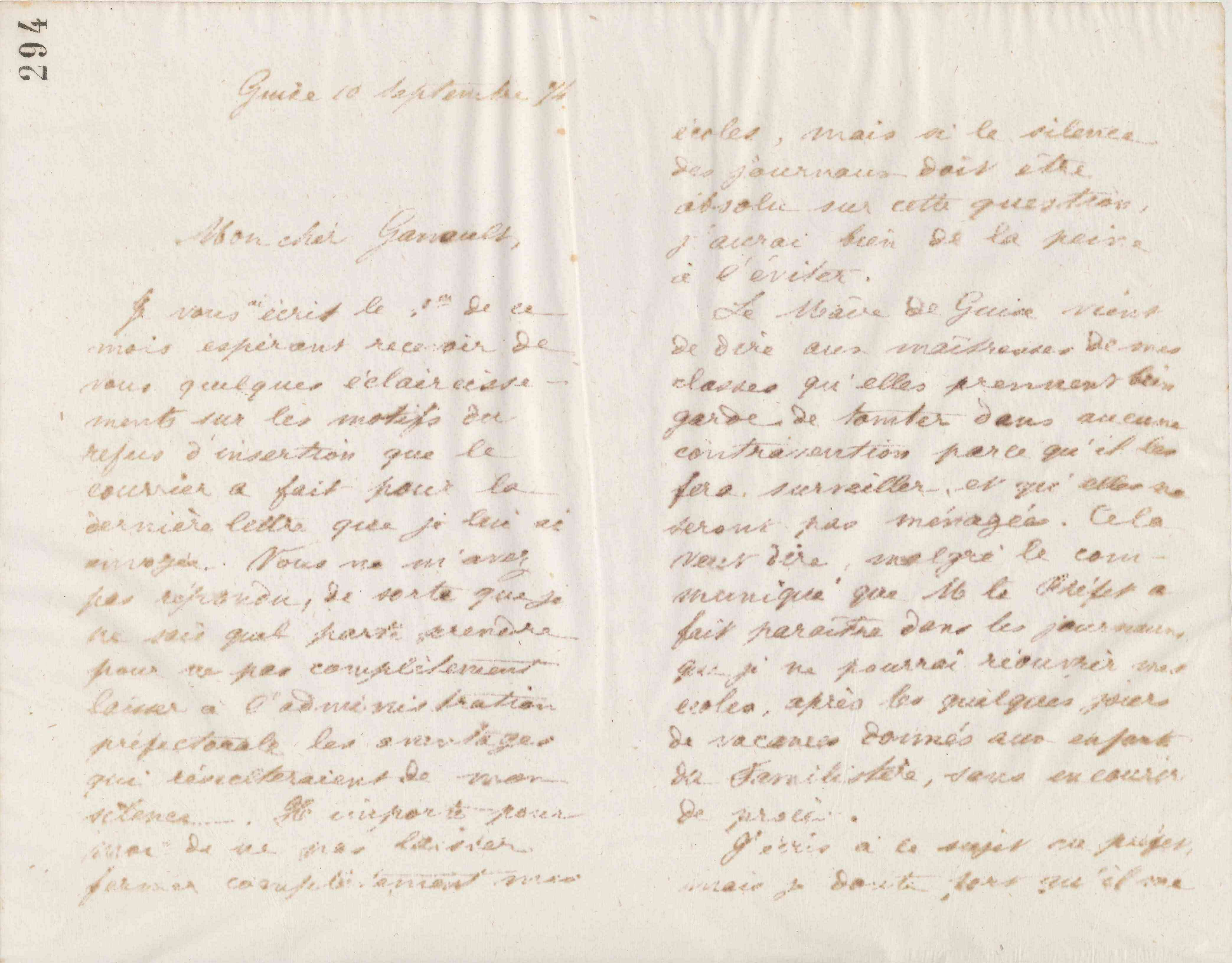 Jean-Baptiste André Godin à Gaston Ganault, 10 septembre 1874