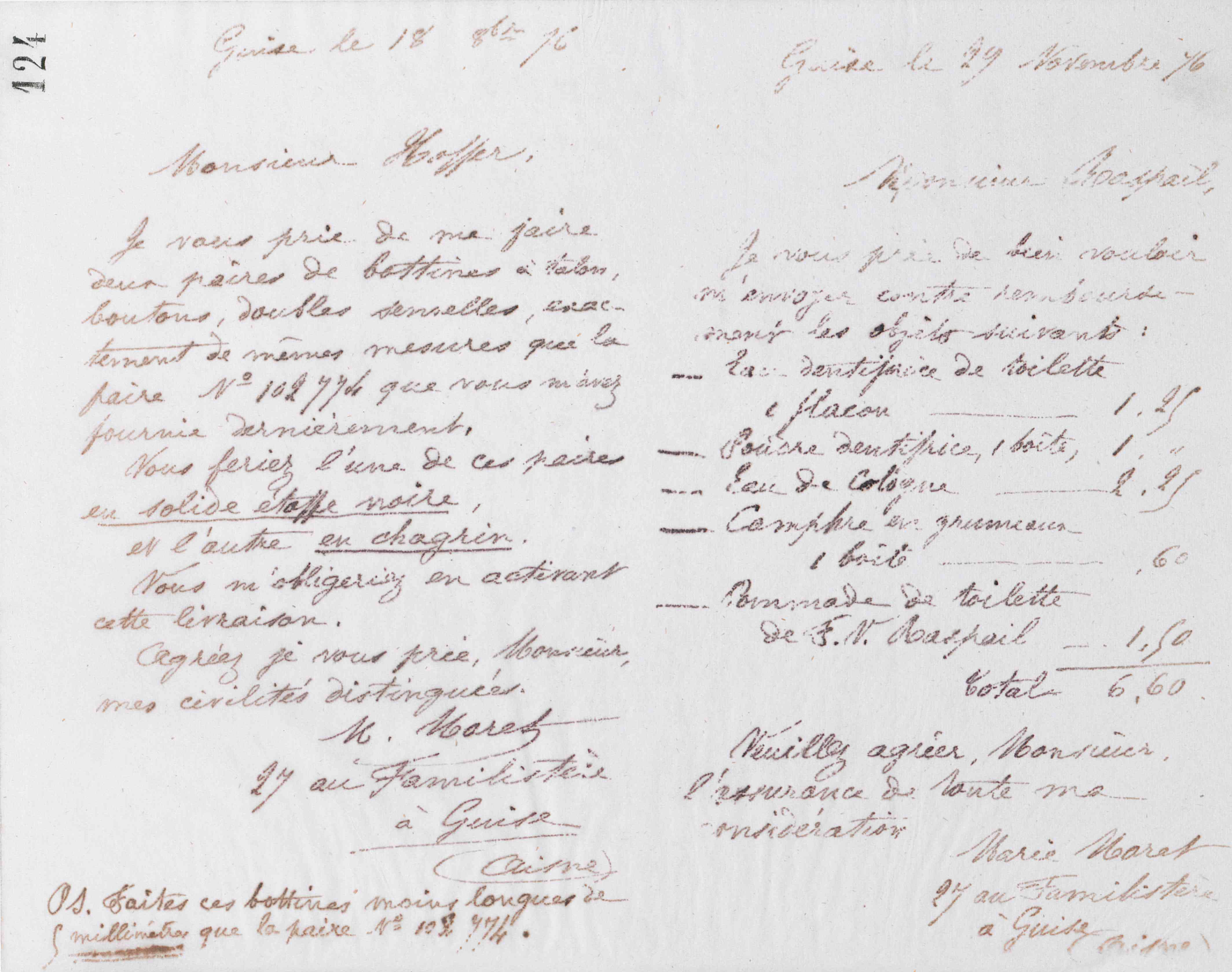Marie Moret à Émile Raspail, 29 novembre 1876