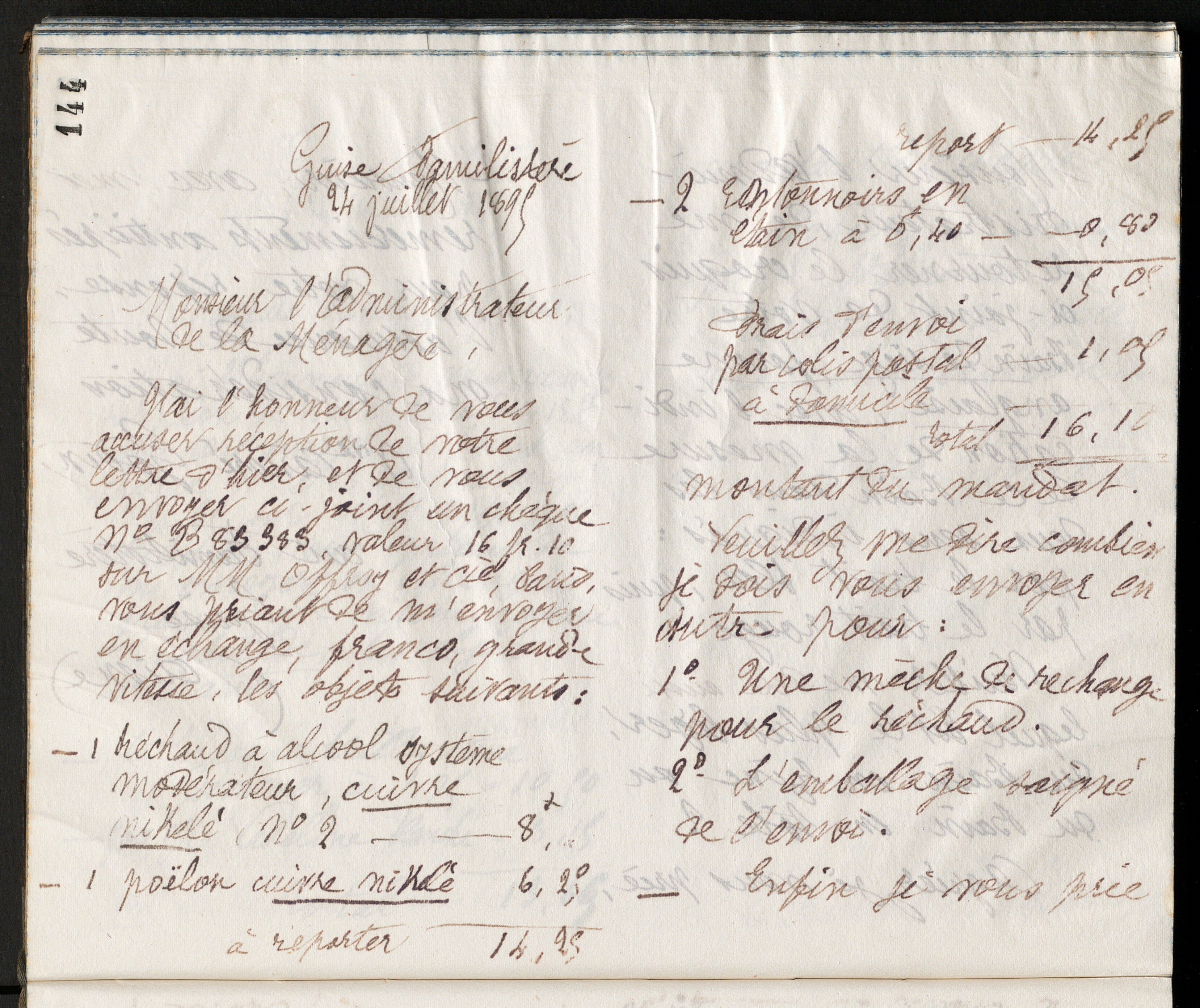 Marie Moret à l'administrateur de La Ménagère, 24 juillet 1895