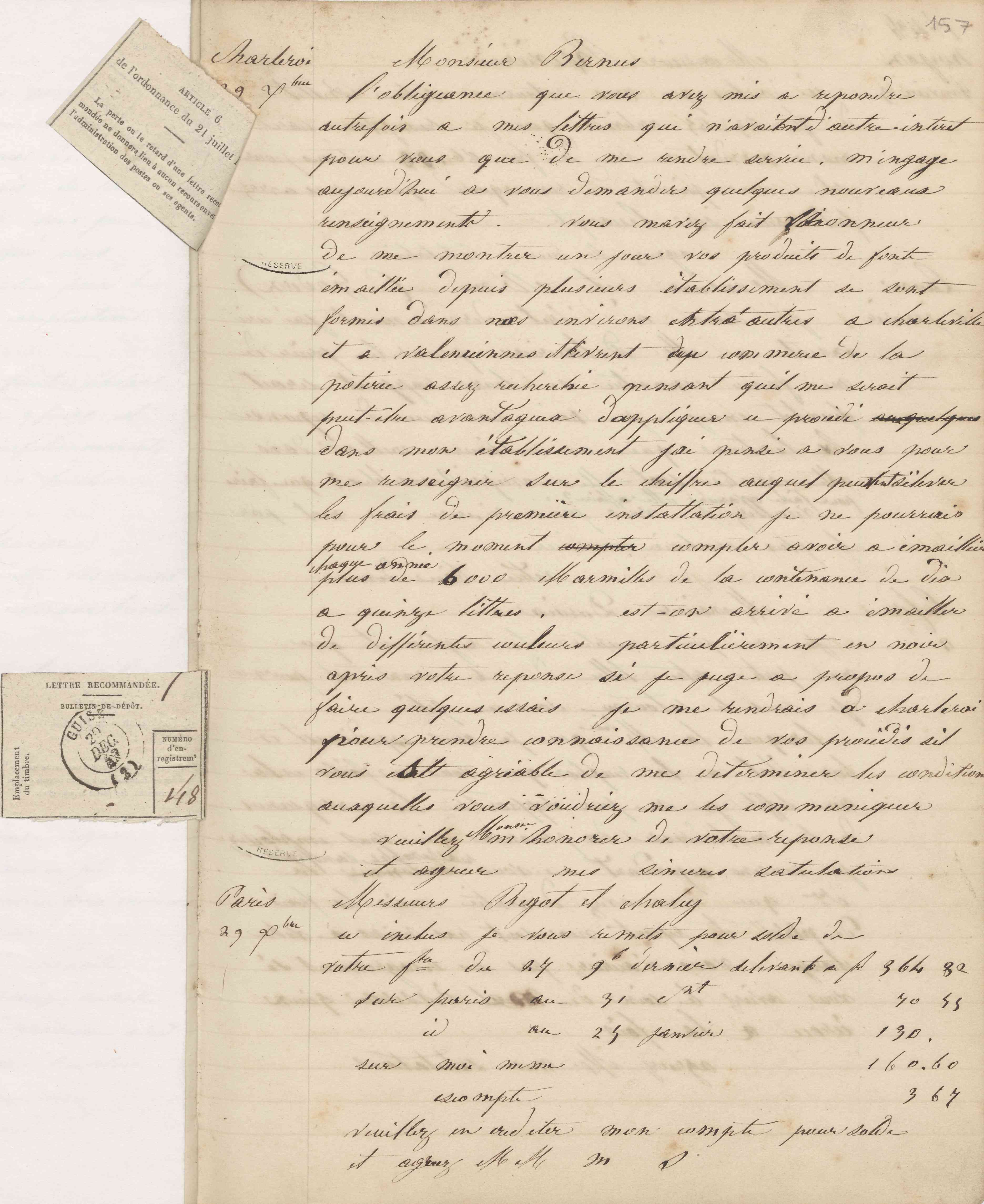 Jean-Baptiste André Godin à monsieur L. Bernus, 29 décembre 1847 Jean-Baptiste André Godin à monsieur L. Bernus, 29 décembre 1847