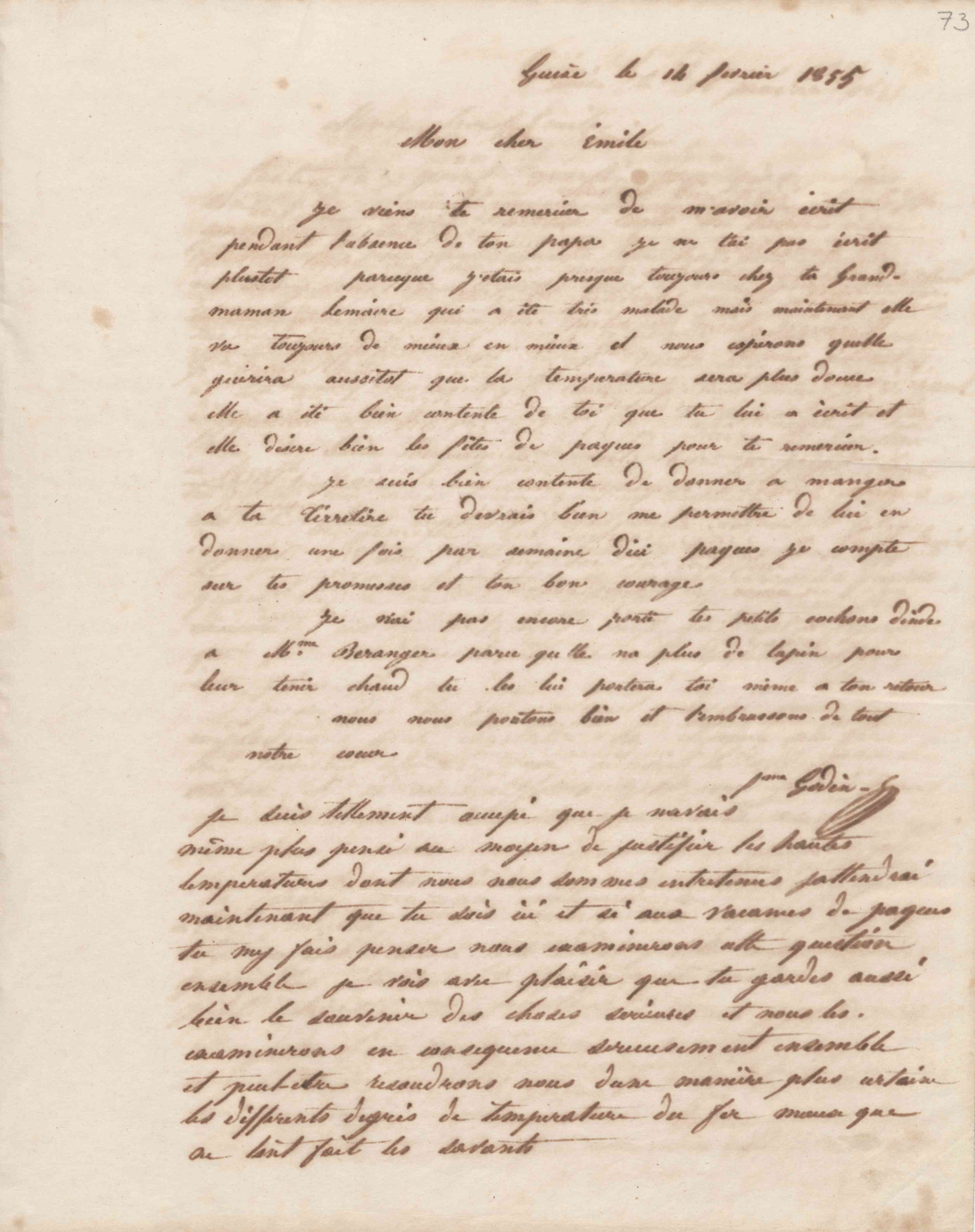 Esther Lemaire et Jean-Baptiste André Godin à Émile Godin, 14 février 1855