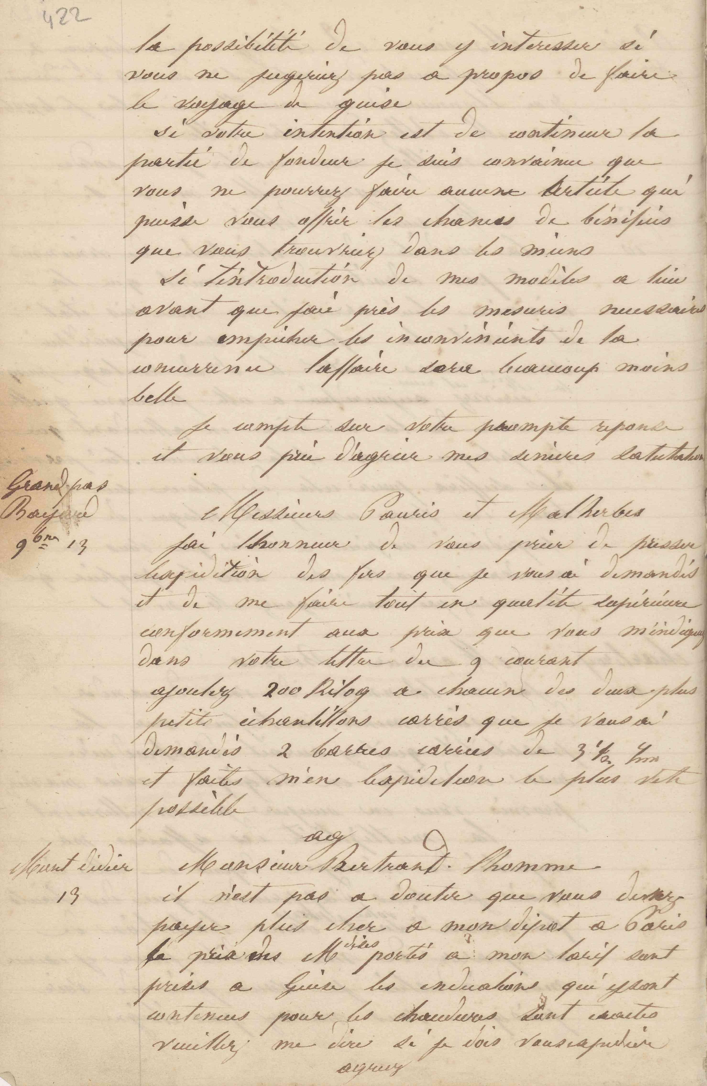Jean-Baptiste André Godin à messieurs Pauris et Malherbe, 13 novembre [1849]