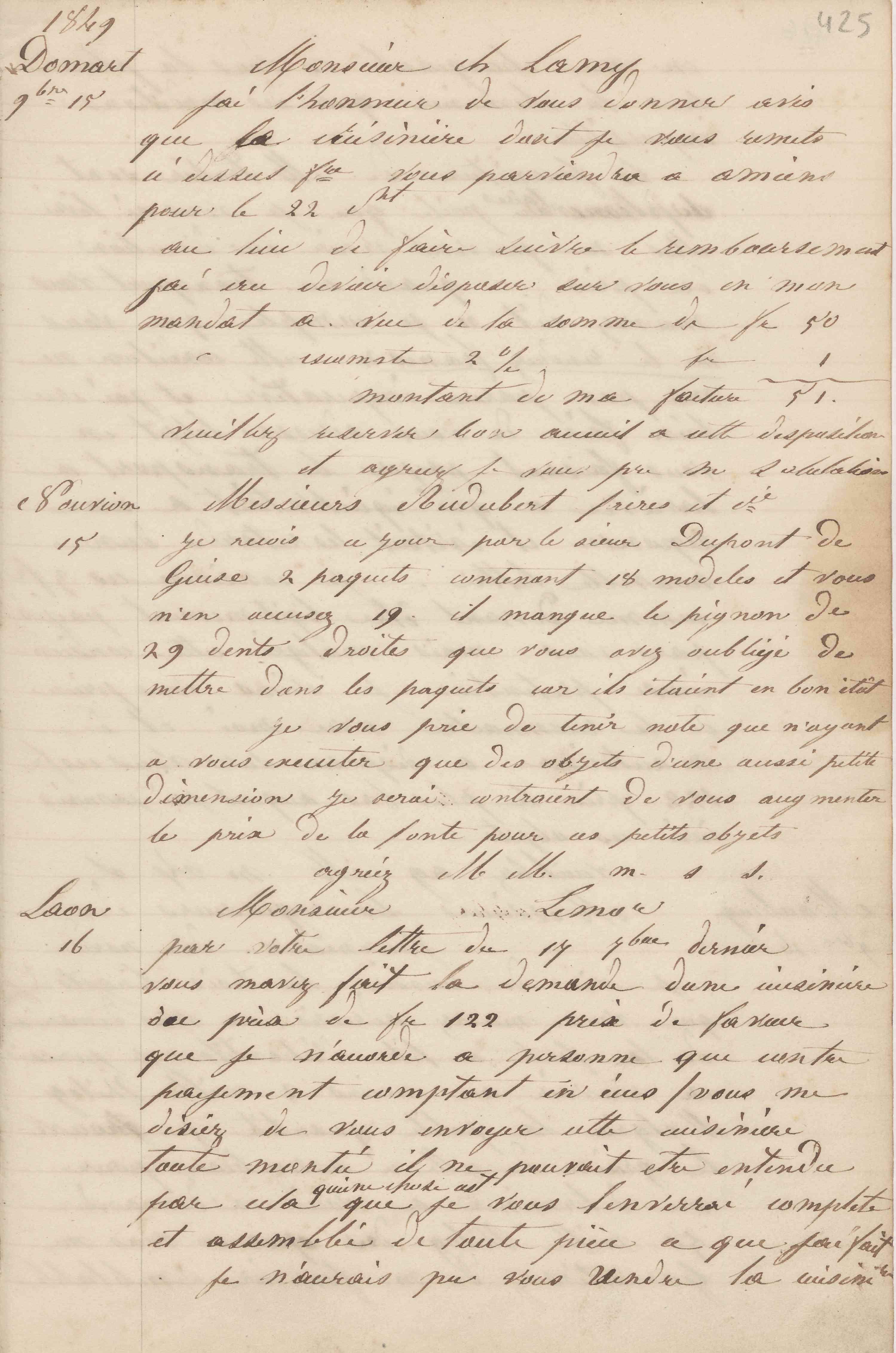 Jean-Baptiste André Godin à monsieur Ch. Lamy, 15 novembre 1849