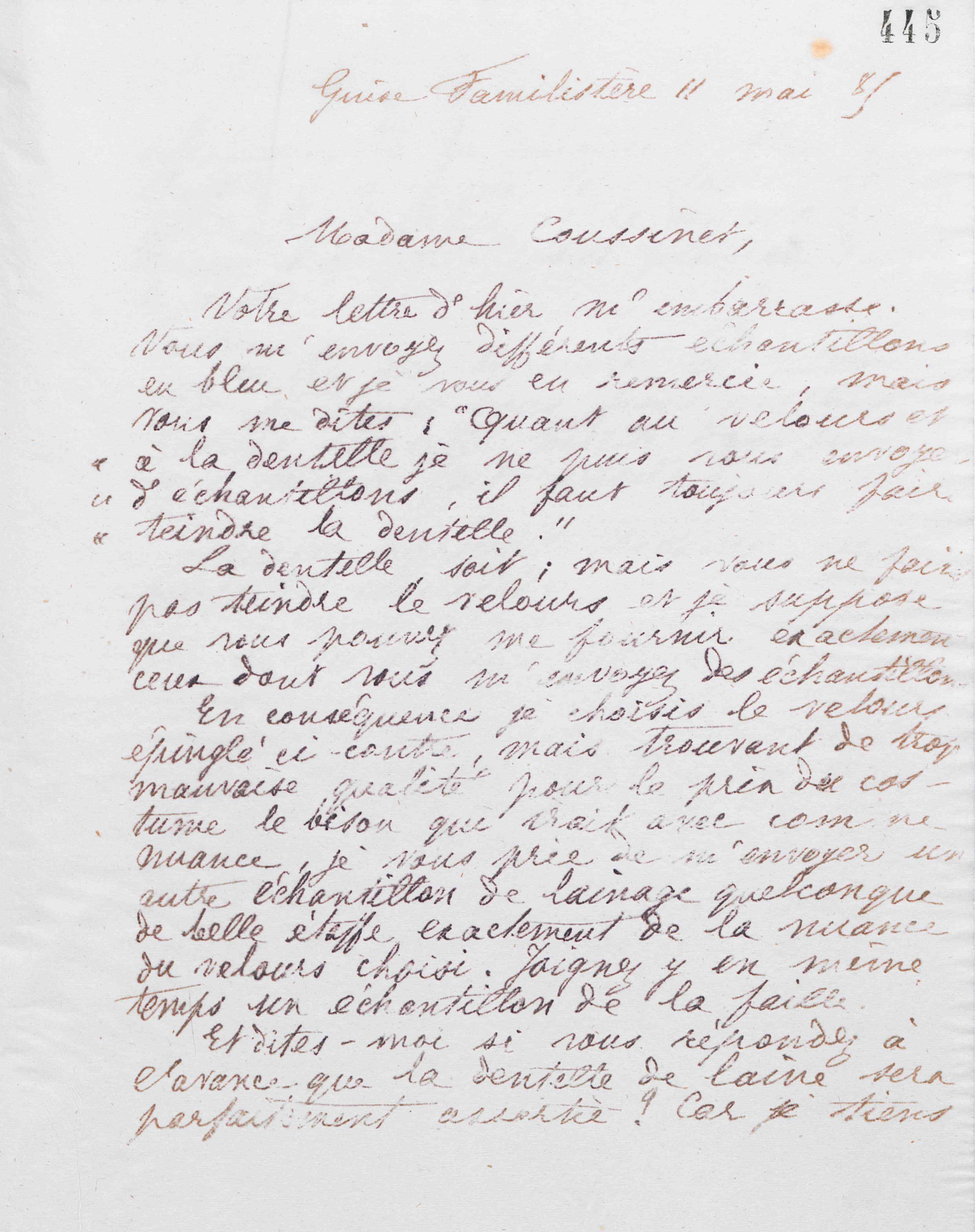 Marie Moret à madame Coussinet, 11 mai 1885