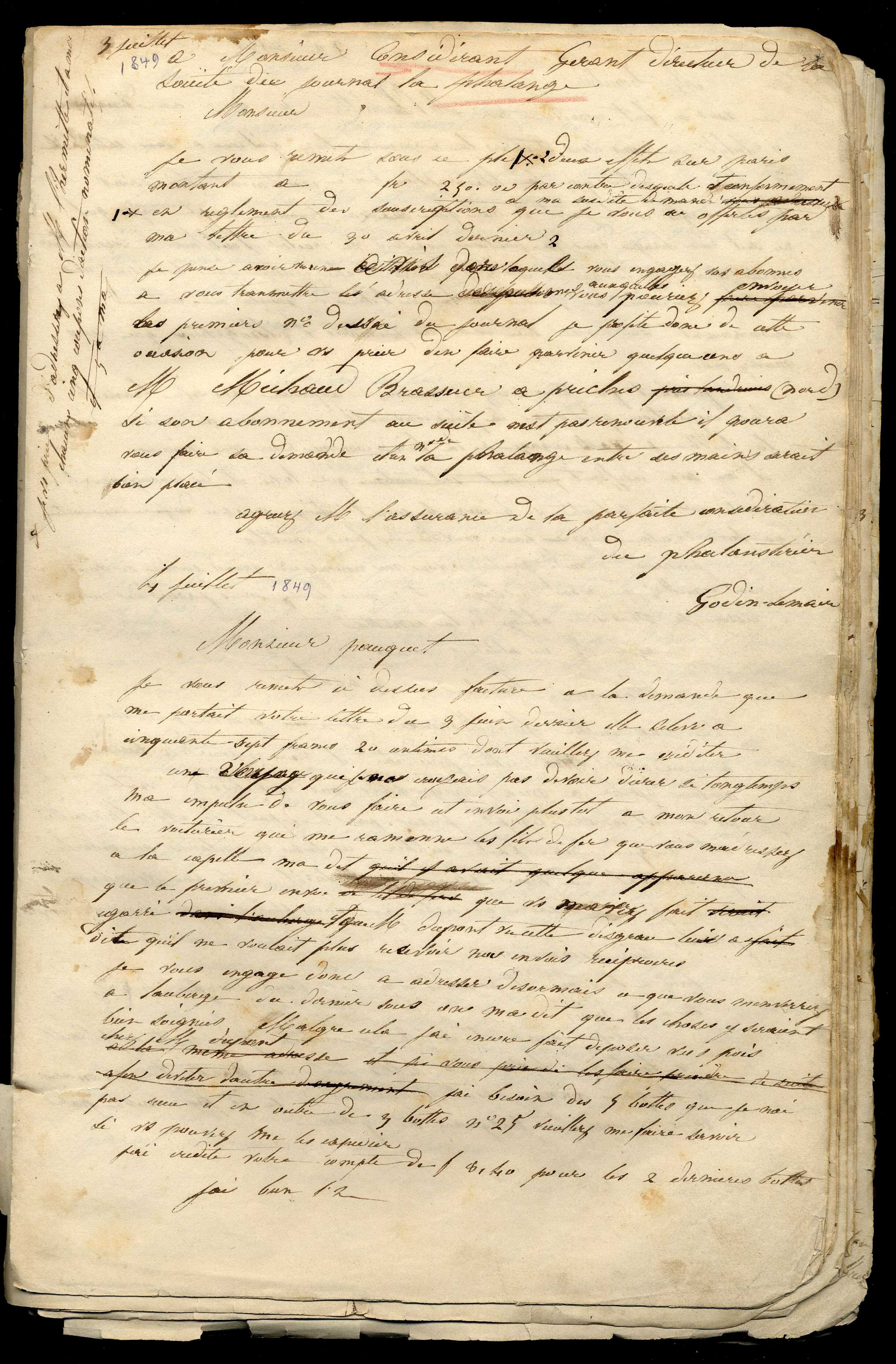 Jean-Baptiste André Godin à Victor Considerant, 3 juillet [1843]