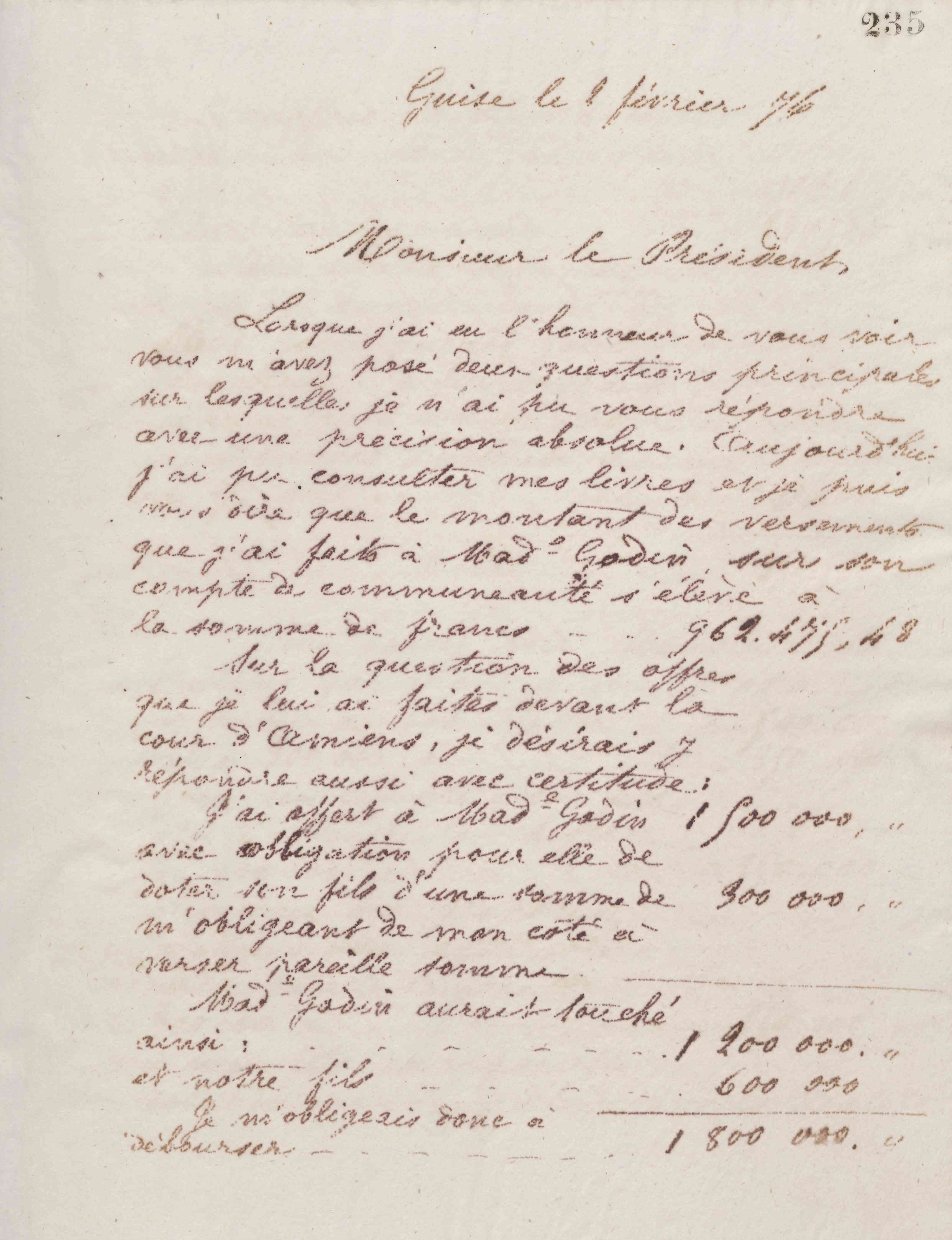 Jean-Baptiste André Godin à monsieur Quest, 2 février 1876
