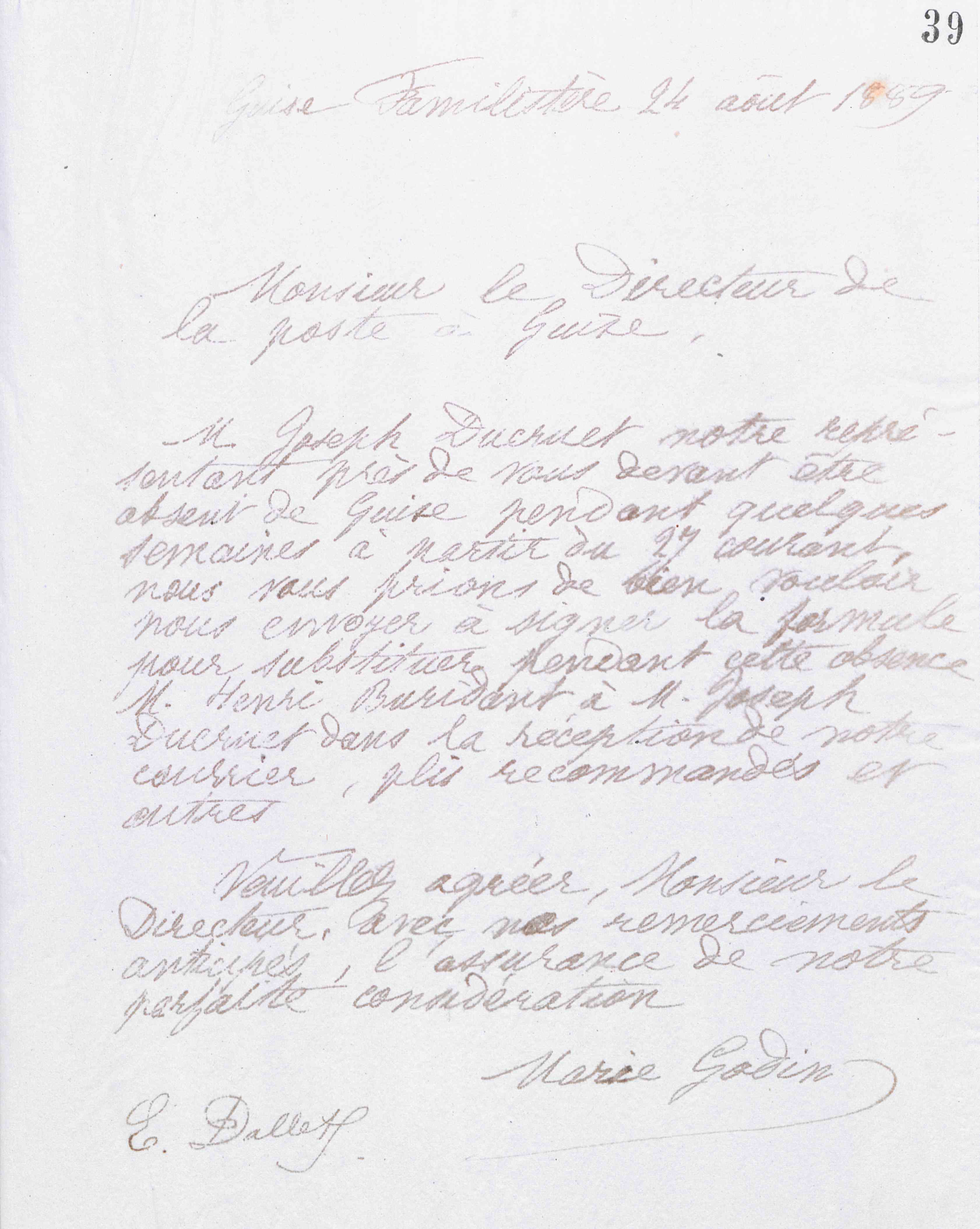 Marie Moret au directeur de la Poste à Guise, 24 août 1889