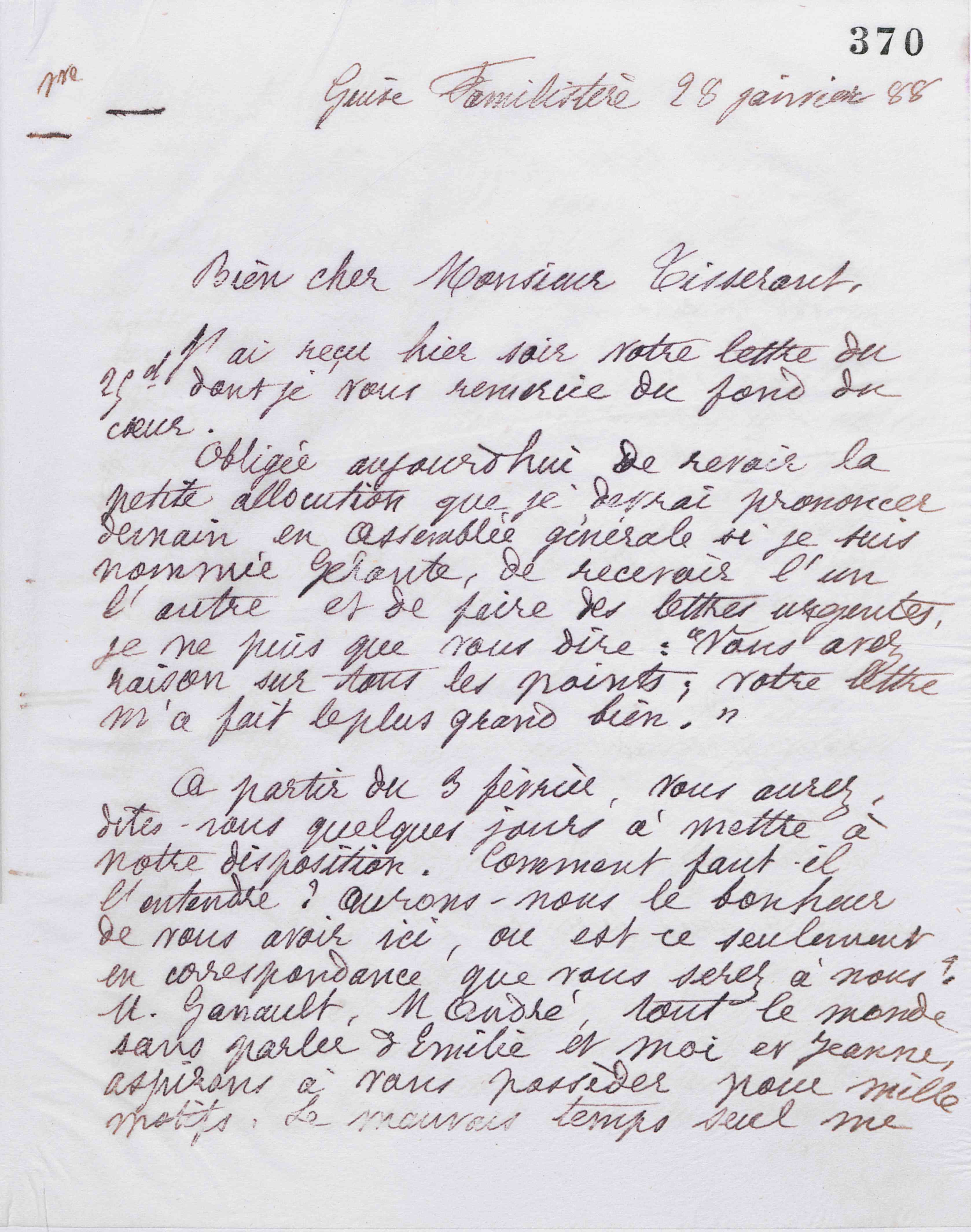 Marie Moret à Alexandre Tisserant, 28 janvier 1888