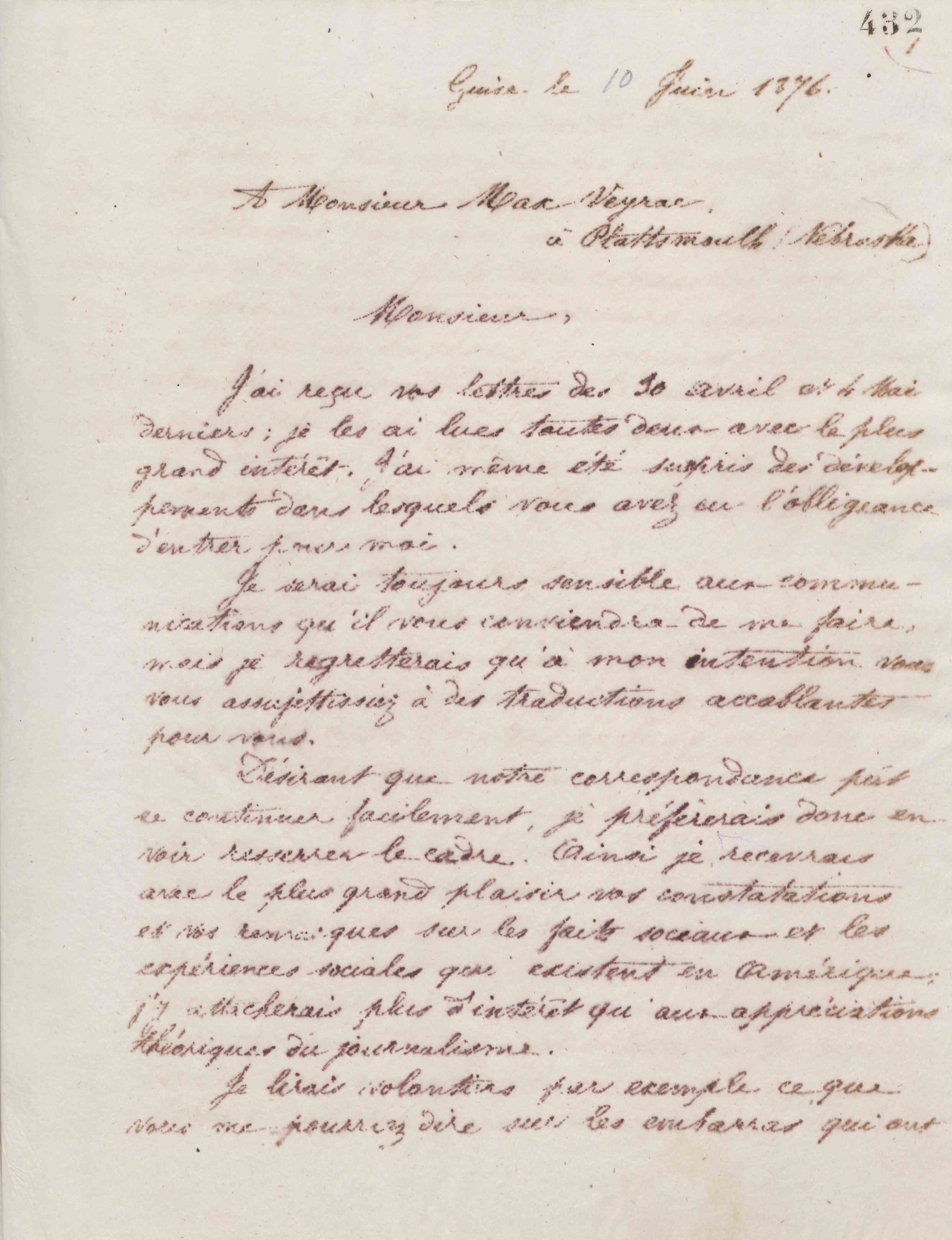 Jean-Baptiste André Godin à Antoine Massoulard, 10 juin 1876 Jean-Baptiste André Godin à Antoine Massoulard, 10 juin 1876