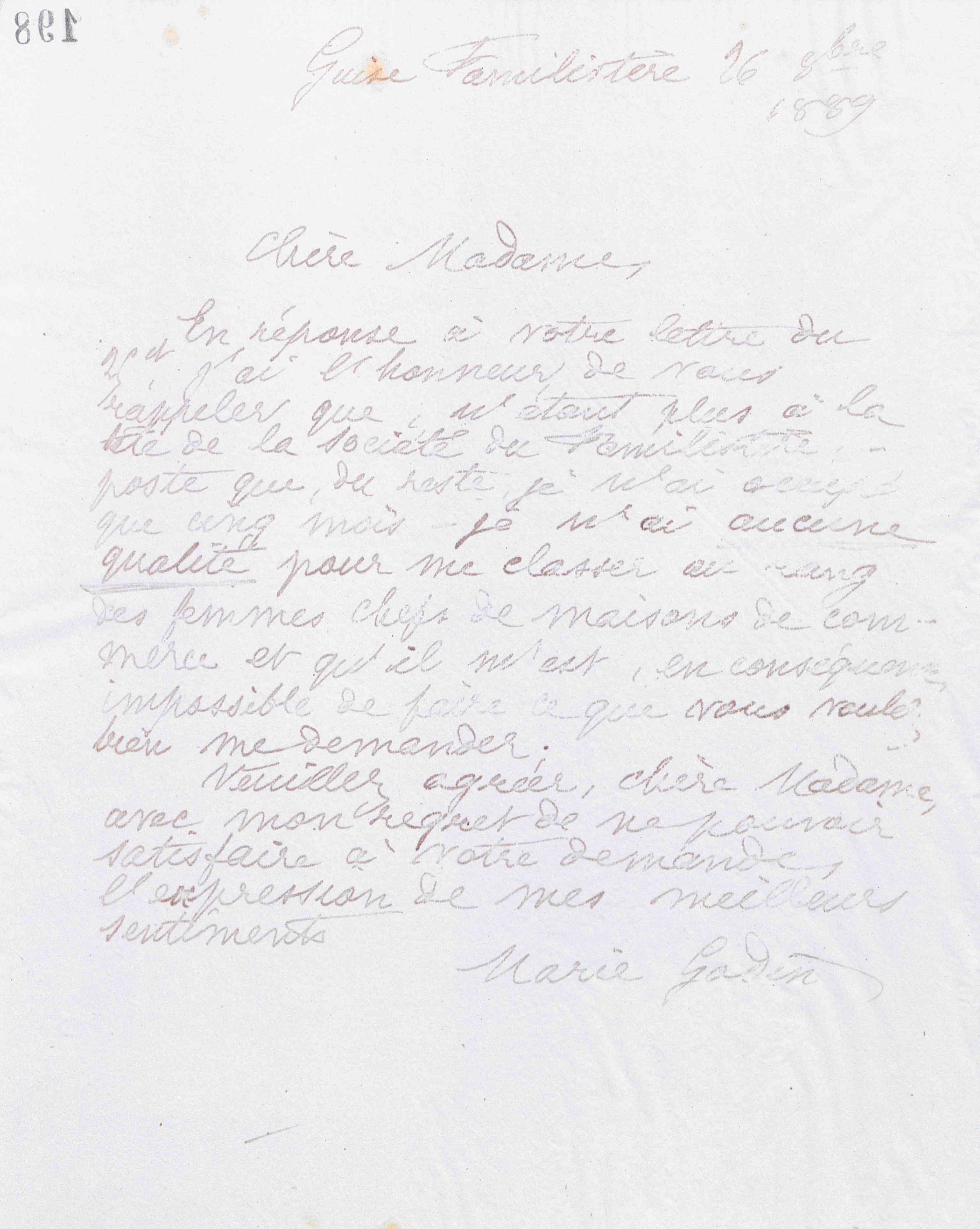 Marie Moret à Virginie Griess-Traut, 26 octobre 1889