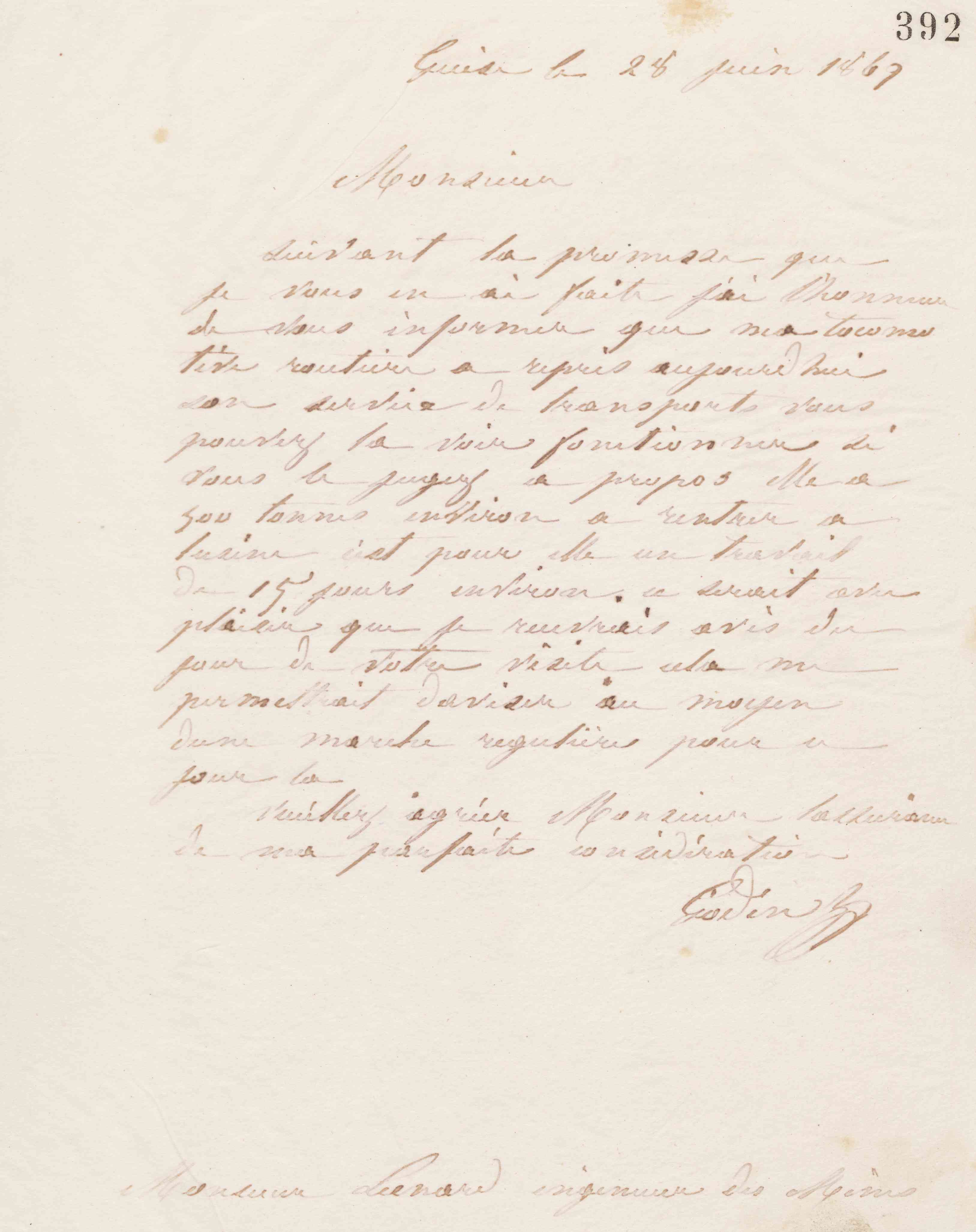 Jean-Baptiste André Godin à monsieur Liénard, 28 juin 1869