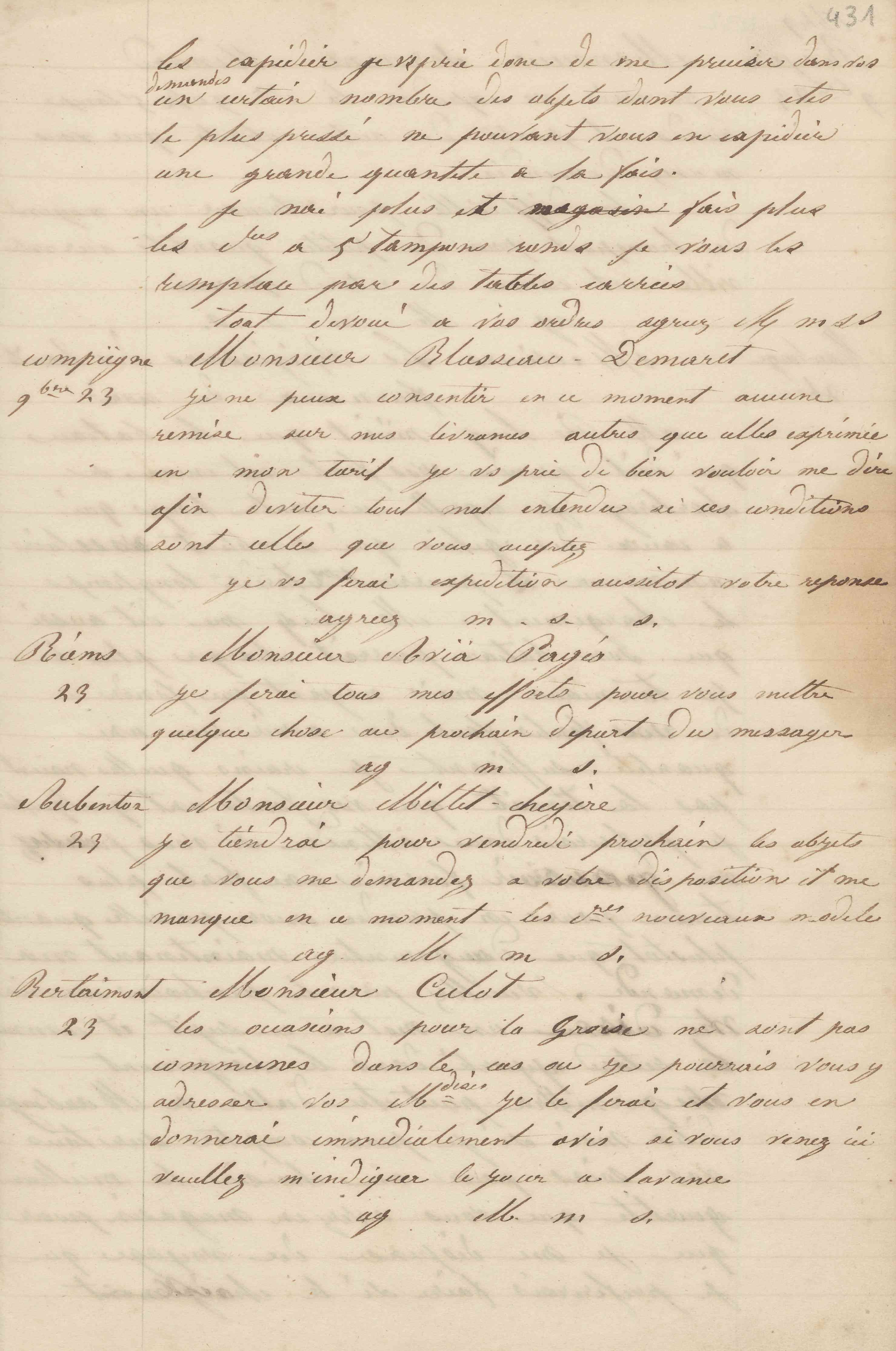 Jean-Baptiste André Godin à monsieur Blasseau-Demarez, 23 novembre [1849]