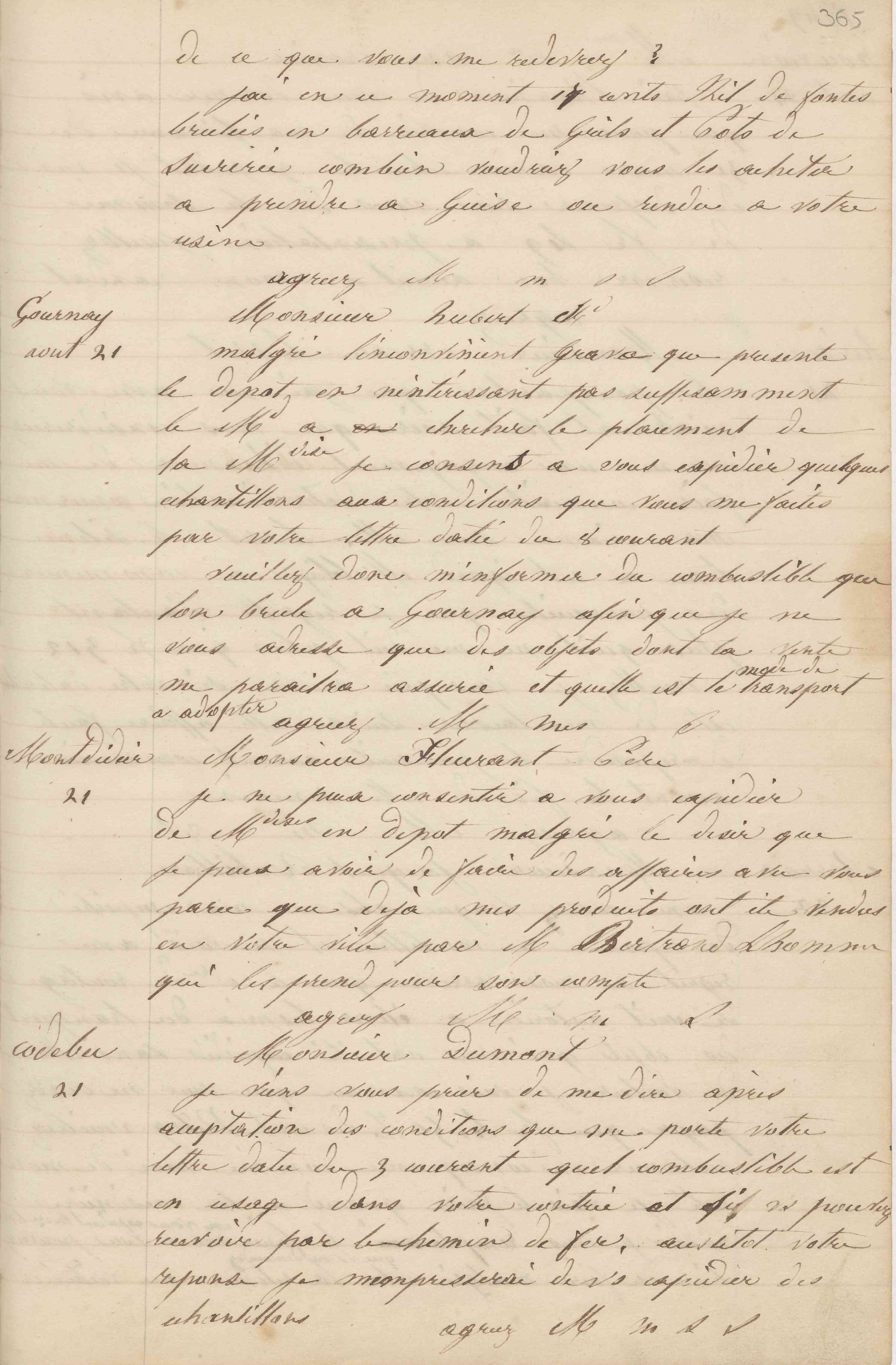 Jean-Baptiste André Godin à monsieur Hubert-Berteau, 21 août 1849 Jean-Baptiste André Godin à monsieur Hubert-Berteau, 21 août 1849