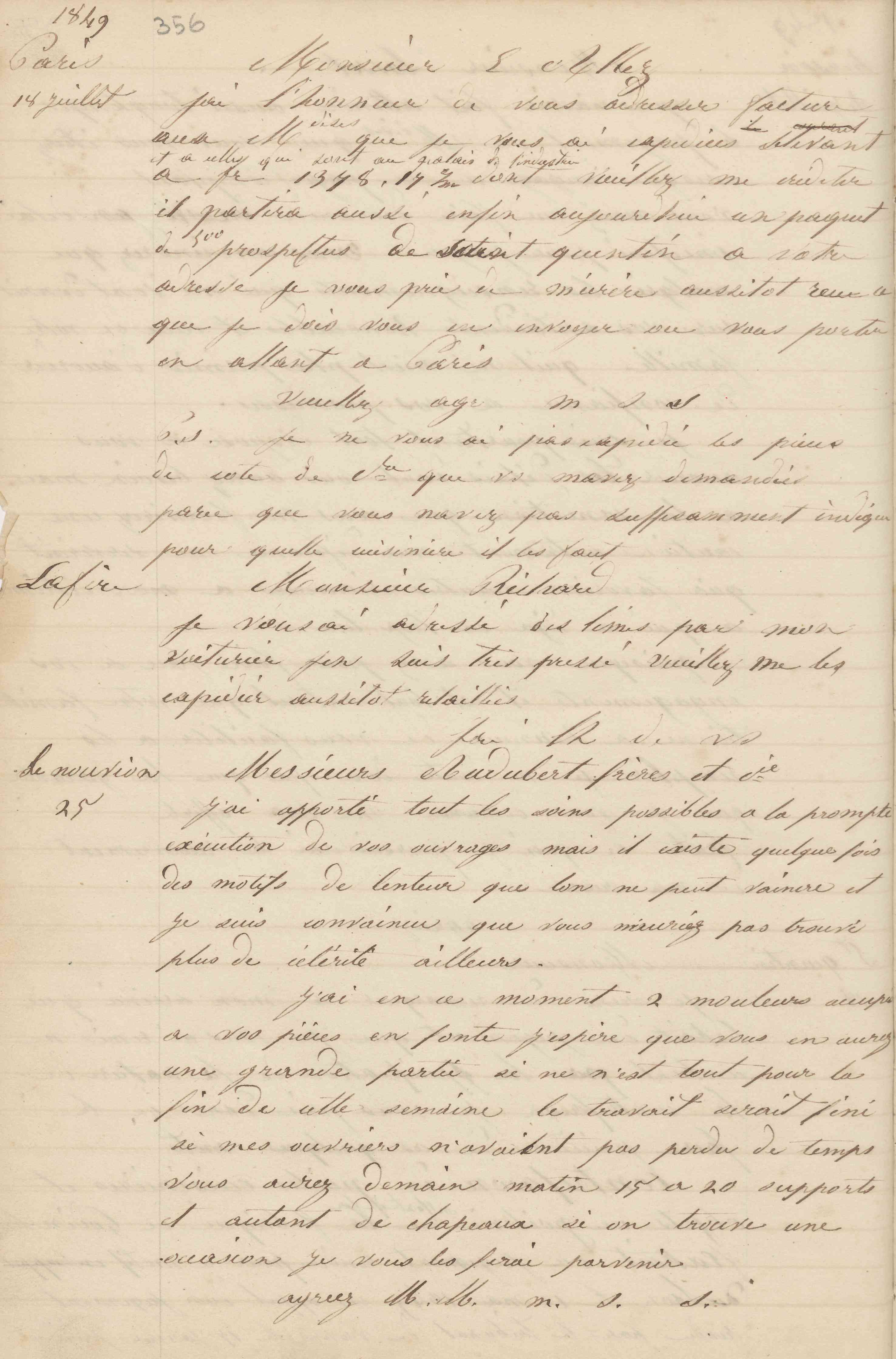 Jean-Baptiste André Godin à monsieur Richard, vers le 18 juillet 1849