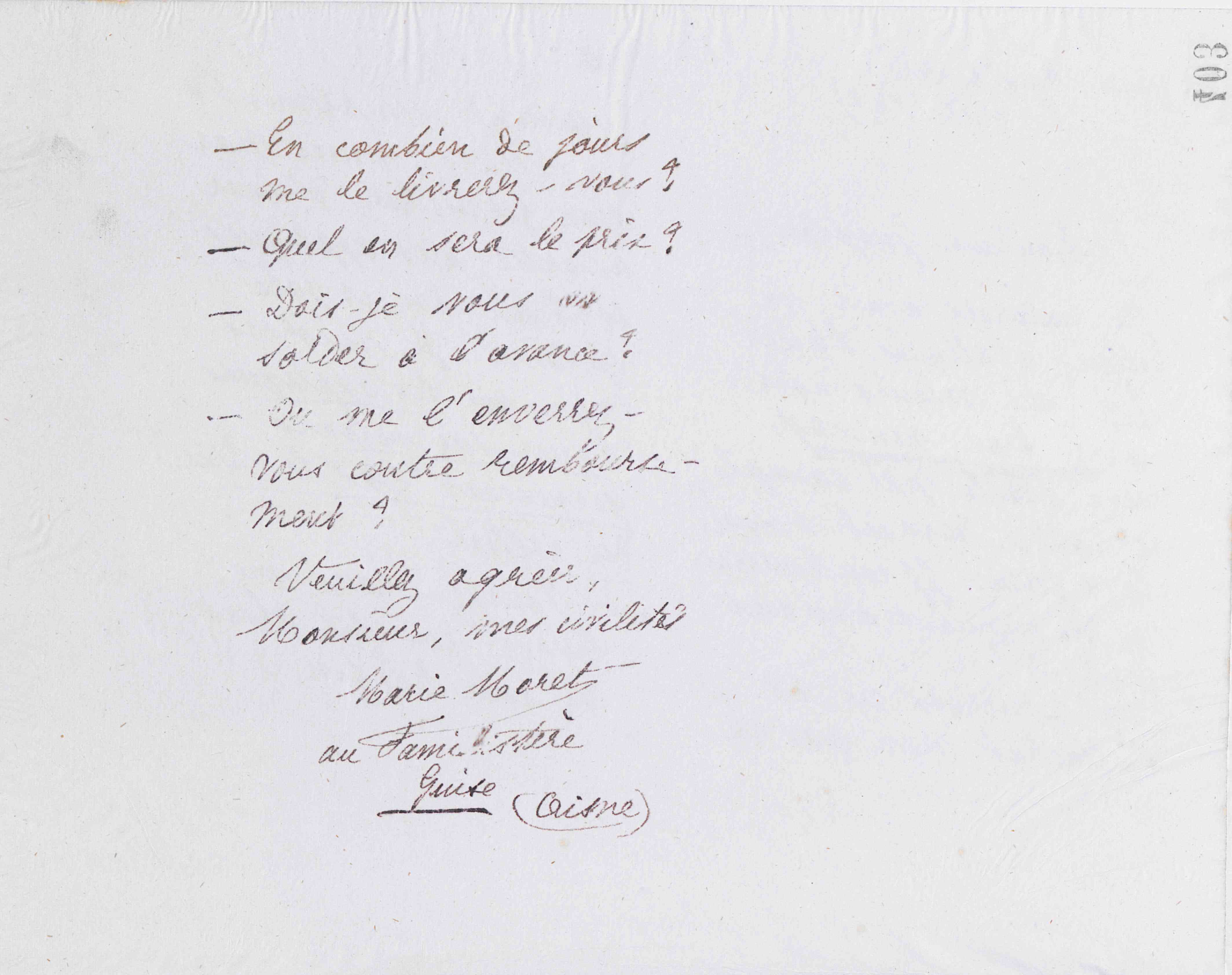 Marie Moret à Marc Gueyton, 8 avril 1885