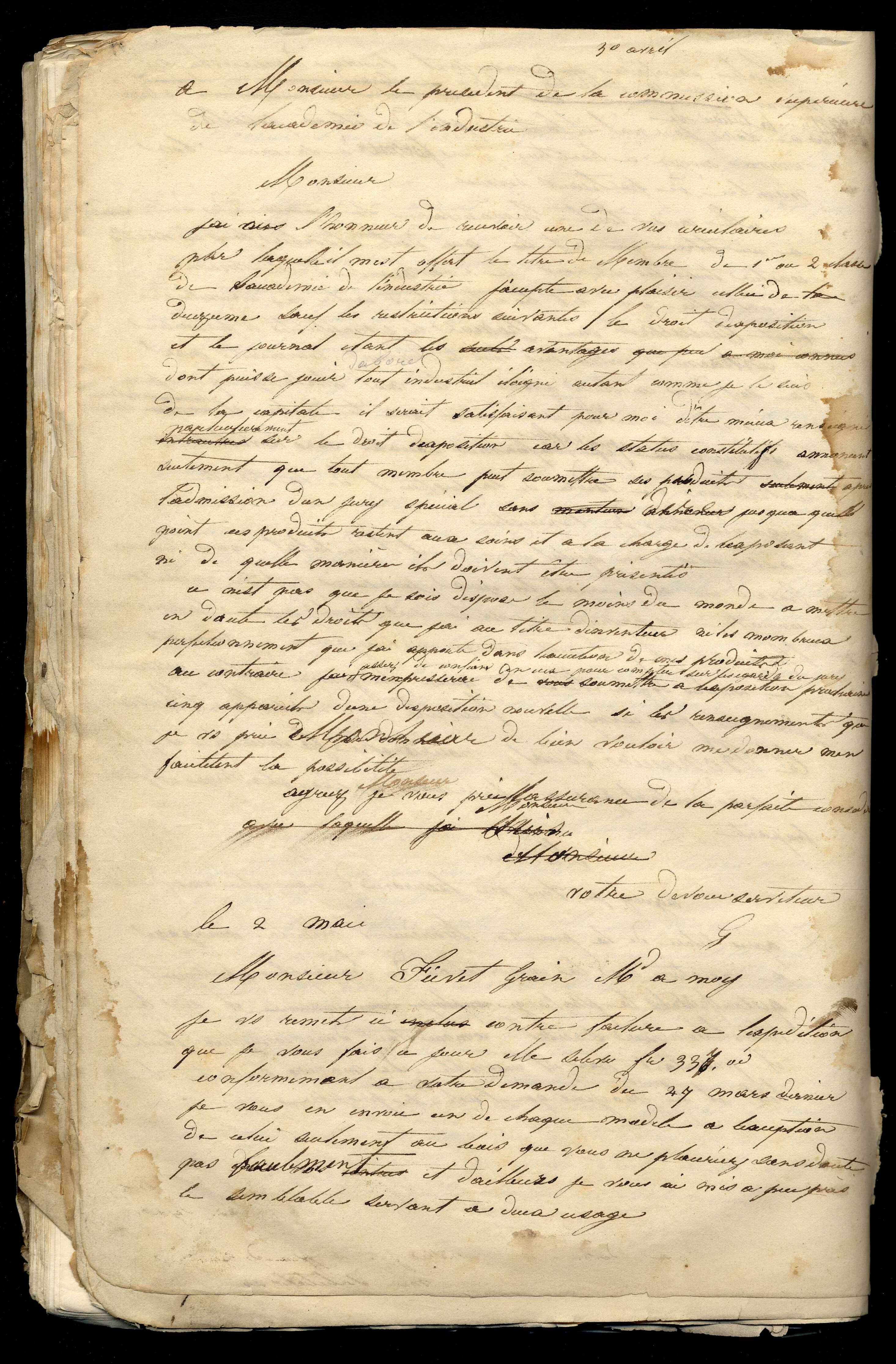 Jean-Baptiste André Godin à monsieur le président de la commission supérieure de l'Académie de l'industrie, 30 avril [1843]