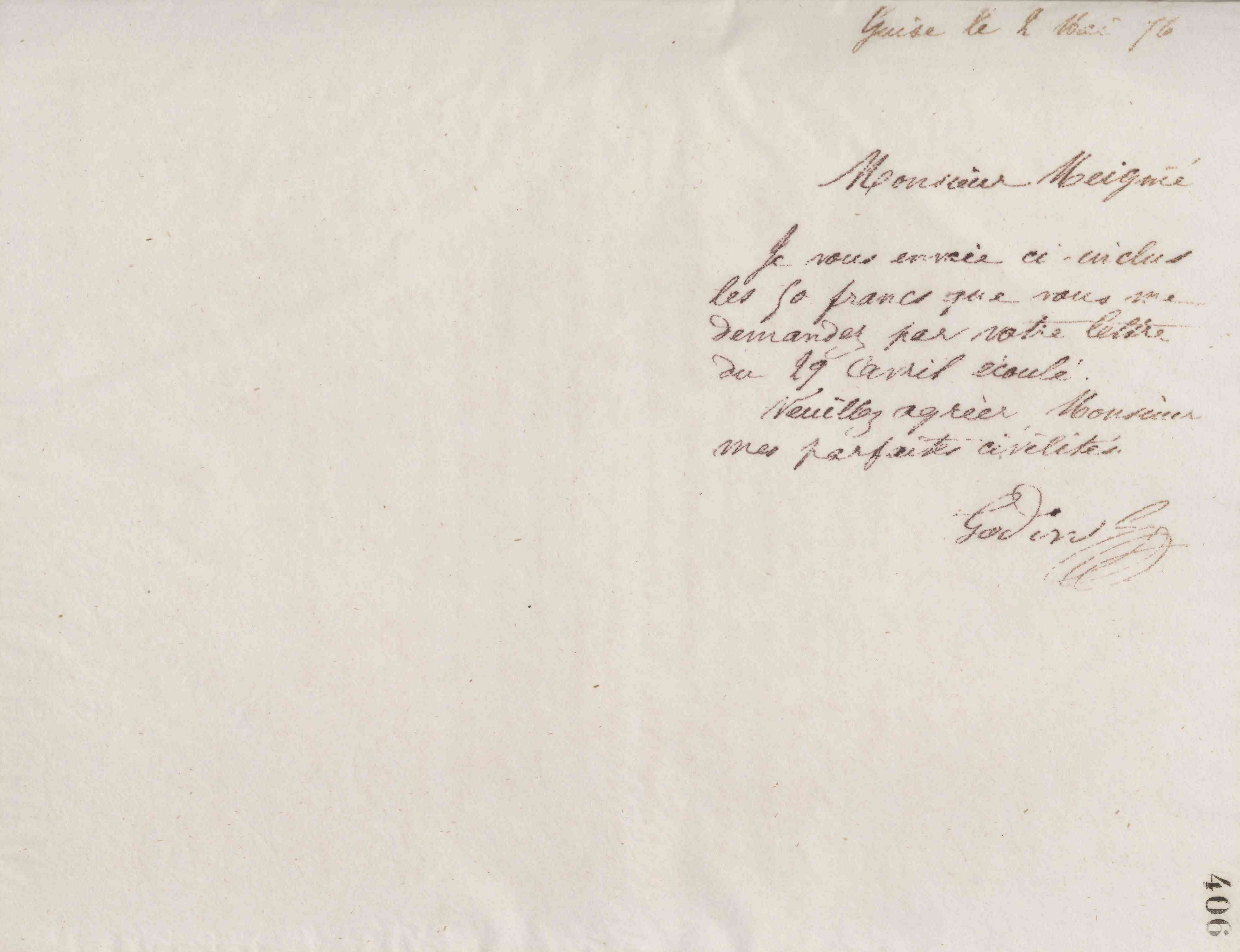 Jean-Baptiste André Godin à monsieur Meignée, 2 mai 1876 Jean-Baptiste André Godin à monsieur Meignée, 2 mai 1876