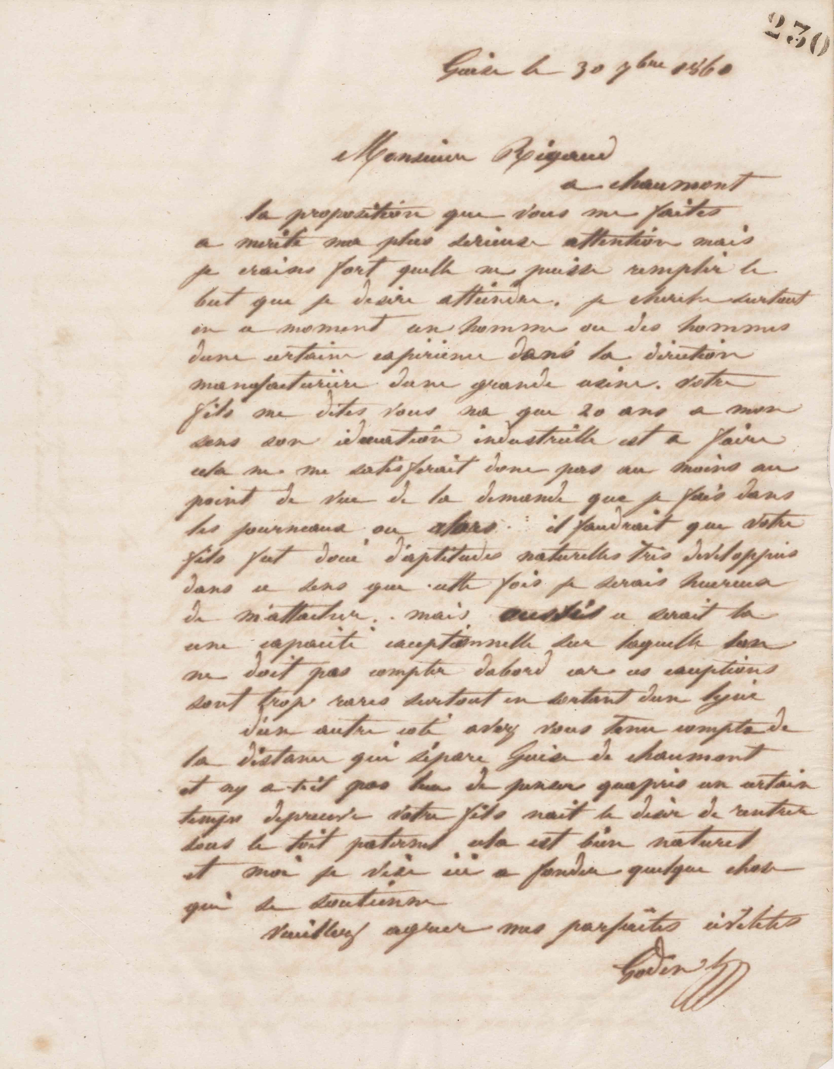 Jean-Baptiste André Godin à monsieur Rigaud, 30 septembre 1861