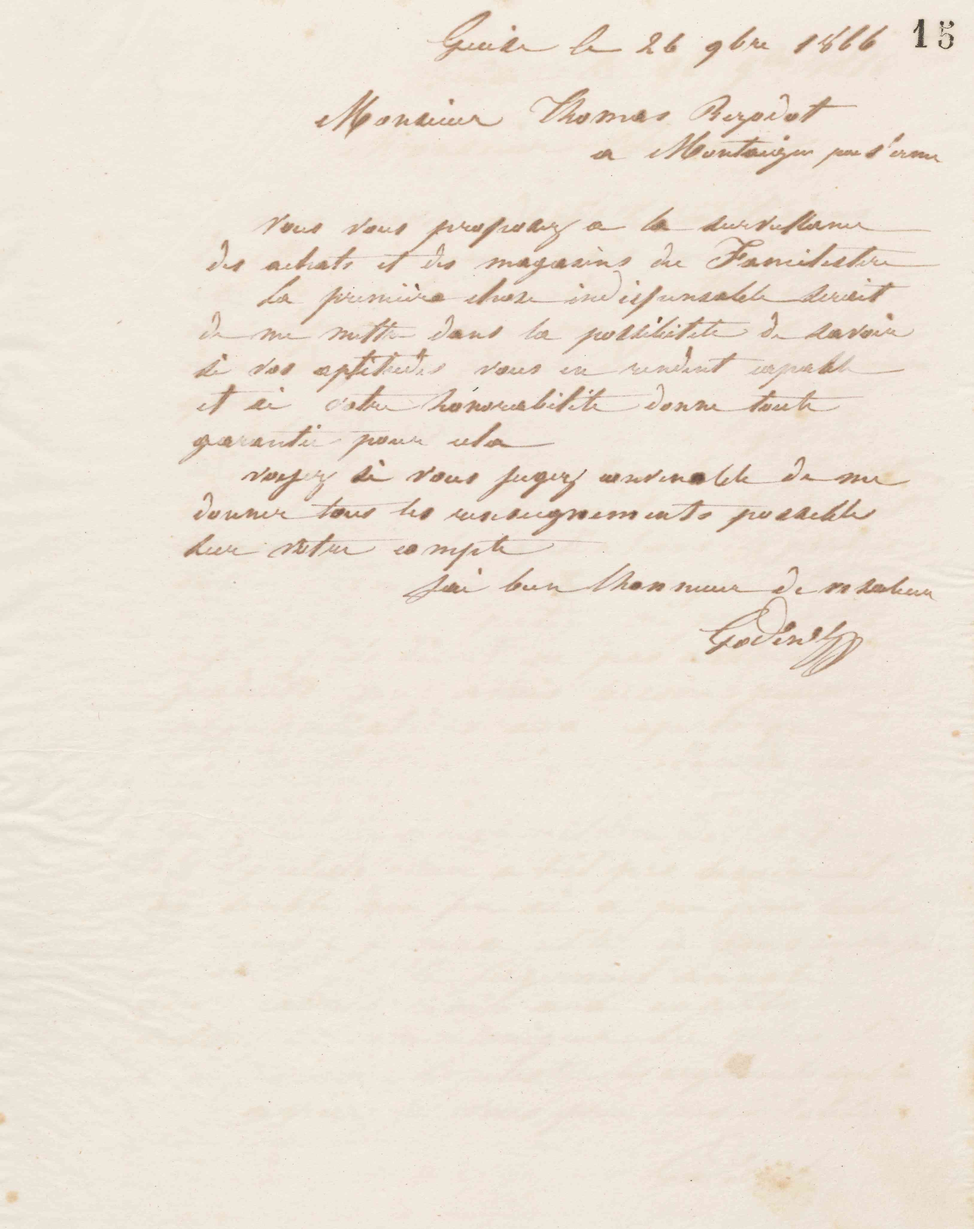 Jean-Baptiste André Godin à Thomas Bezodot, 26 novembre 1866