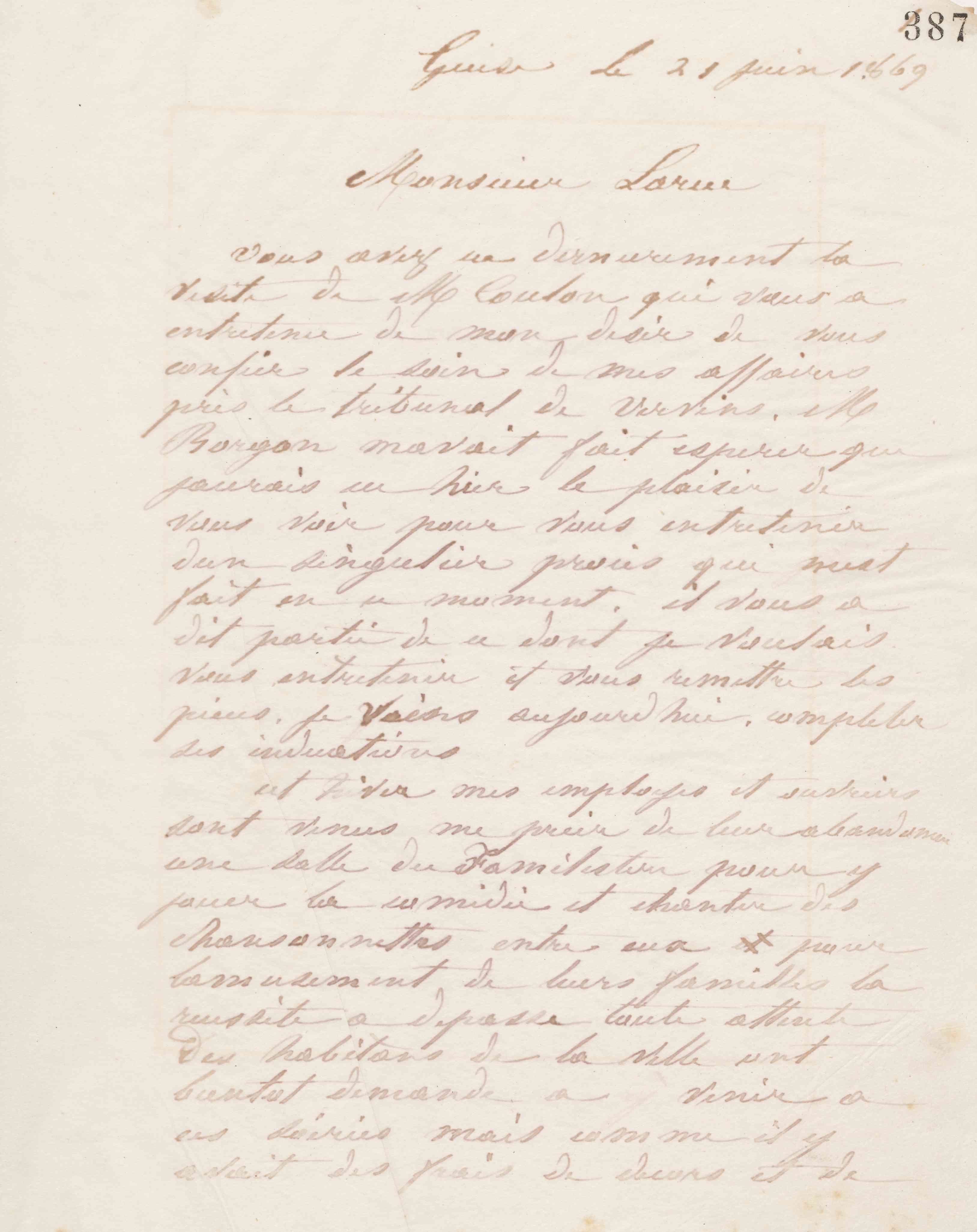 Jean-Baptiste André Godin à Édouard Larue, 21 juin 1869